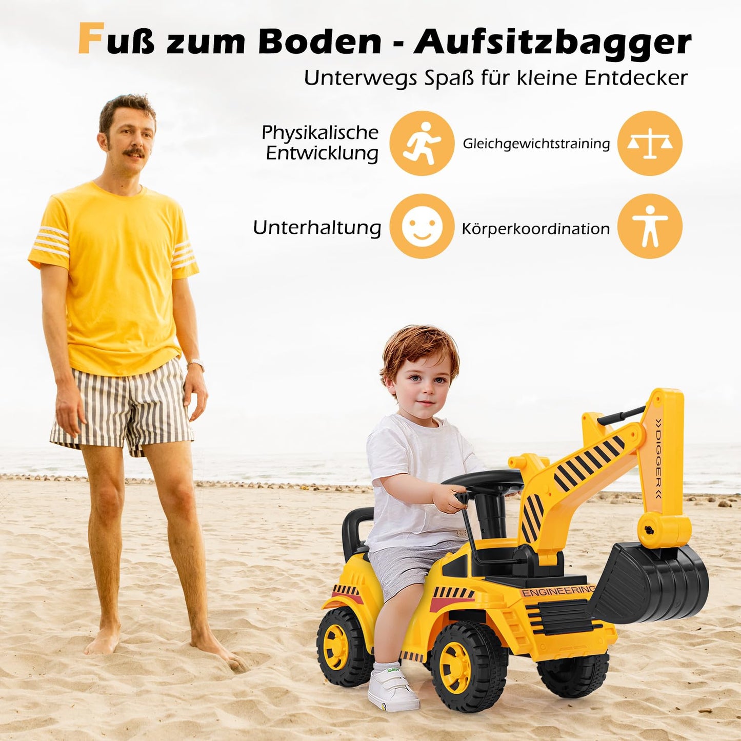 COSTWAY Ride-On Excavator for Kids, with Adjustable Shovel & Storage Space under the Seat, Excavator with Engine Sound & Tipping Protection, Ride-On Excavator for Children aged 1 year+