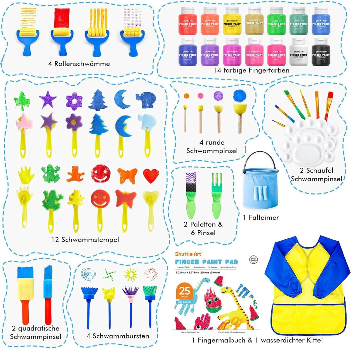 Shuttle Art 53-piece finger paint kids non-toxic craft set with 14 colors (60ml each) finger paints for kids, brushes, finger paint coloring book, sponge, sponge spatula, palette, painting set for kids.