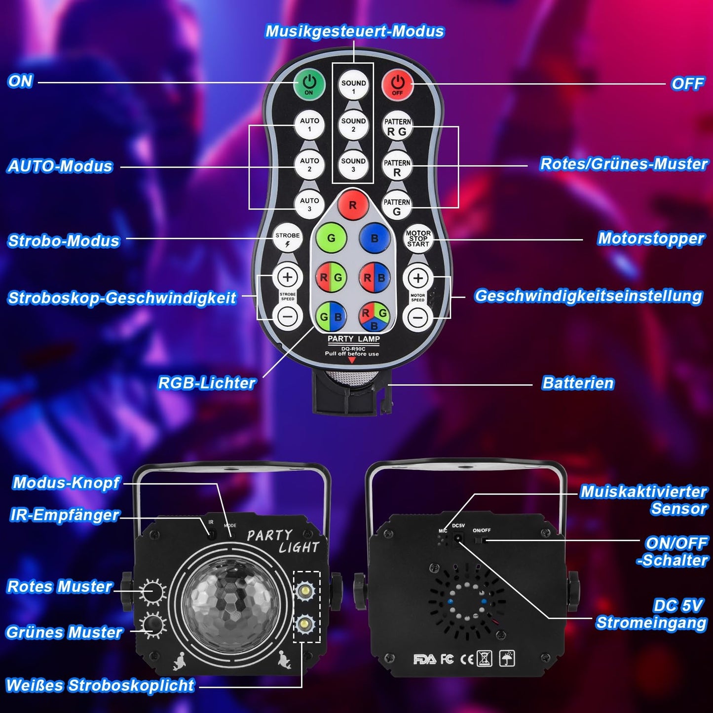 Nigecue 3 in 1 Disco Light Party Light with remote control, Music controlled disco light with strobe, Voice controlled LED DJ party lamp disco ball with 2M USB cable for Halloween Christmas Club Holidays.