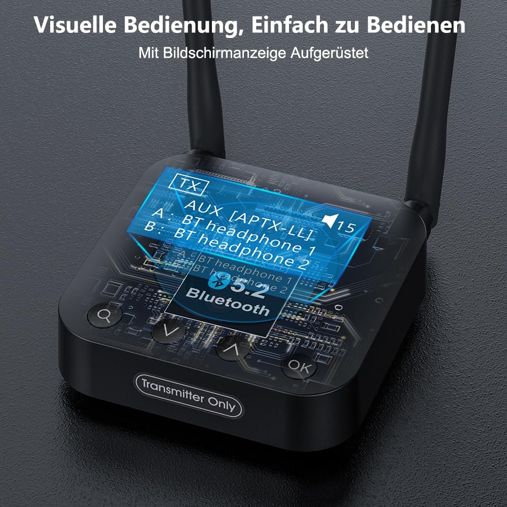 1Mii B06TX+ Bluetooth 5.2 transmitter with a long range, aptX HD & low latency wireless audio sender with screen display for TV/PC/projector to connect to 2 Bluetooth headphones/speakers.