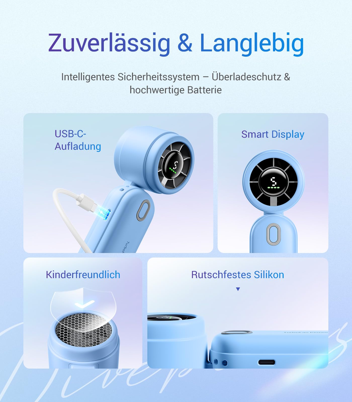 Diveblues 3-in-1 handheld turbo fan with 4000mAh USB rechargeable battery, 5 speeds, foldable portable design, up to 12 hours runtime, perfect for travel, camping, and outdoor use.