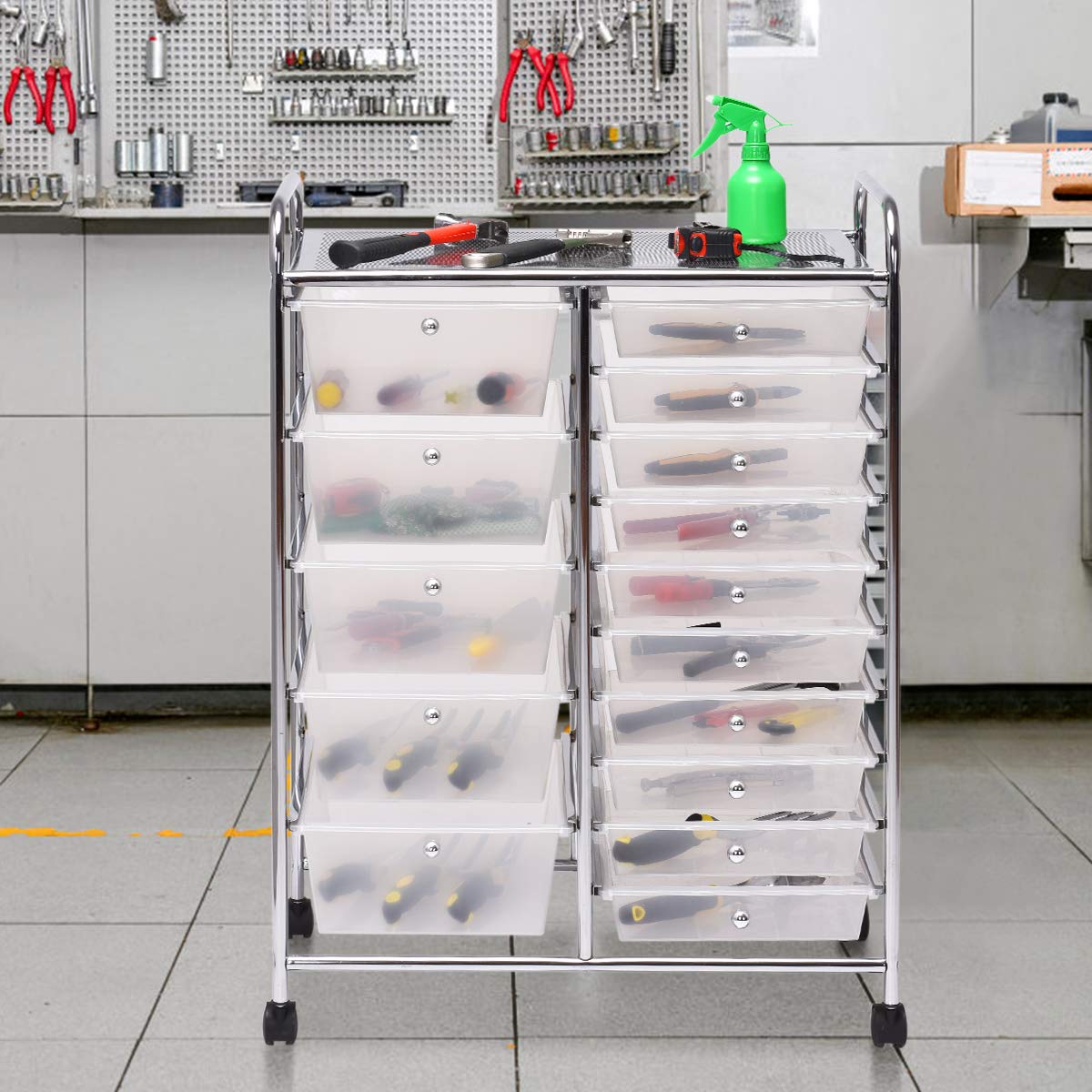 COSTWAY rolling cart with 15 stackable drawers, drawers cart with metal frame and shelf, bathroom trolley storage cart for office, living room, 62.5 x 37 x 87 cm.