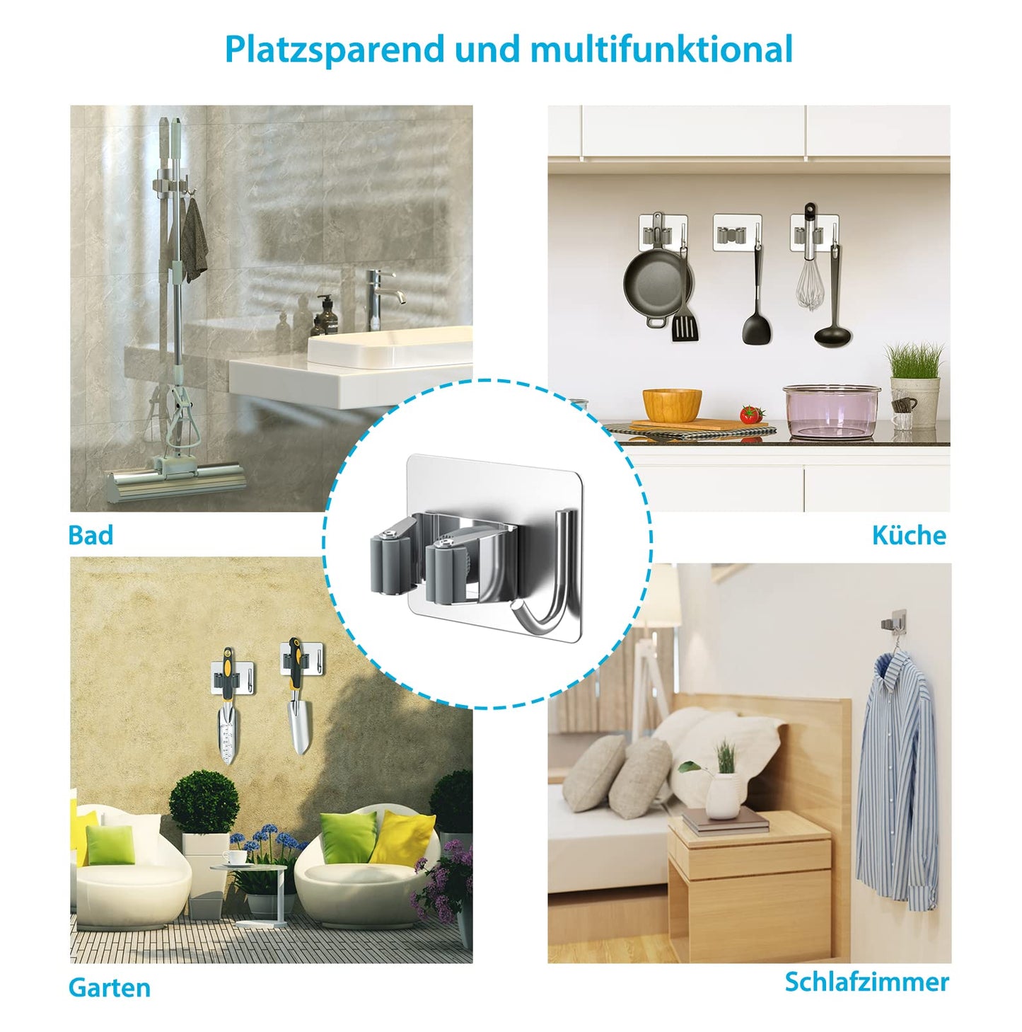 Homeasy Wall Mount Broom Holder 4 Pack Self Adhesive Stainless Steel No Drilling Mop Holder Tool Organizer with Hooks for Kitchen Bathroom Garden Balcony (Silver)