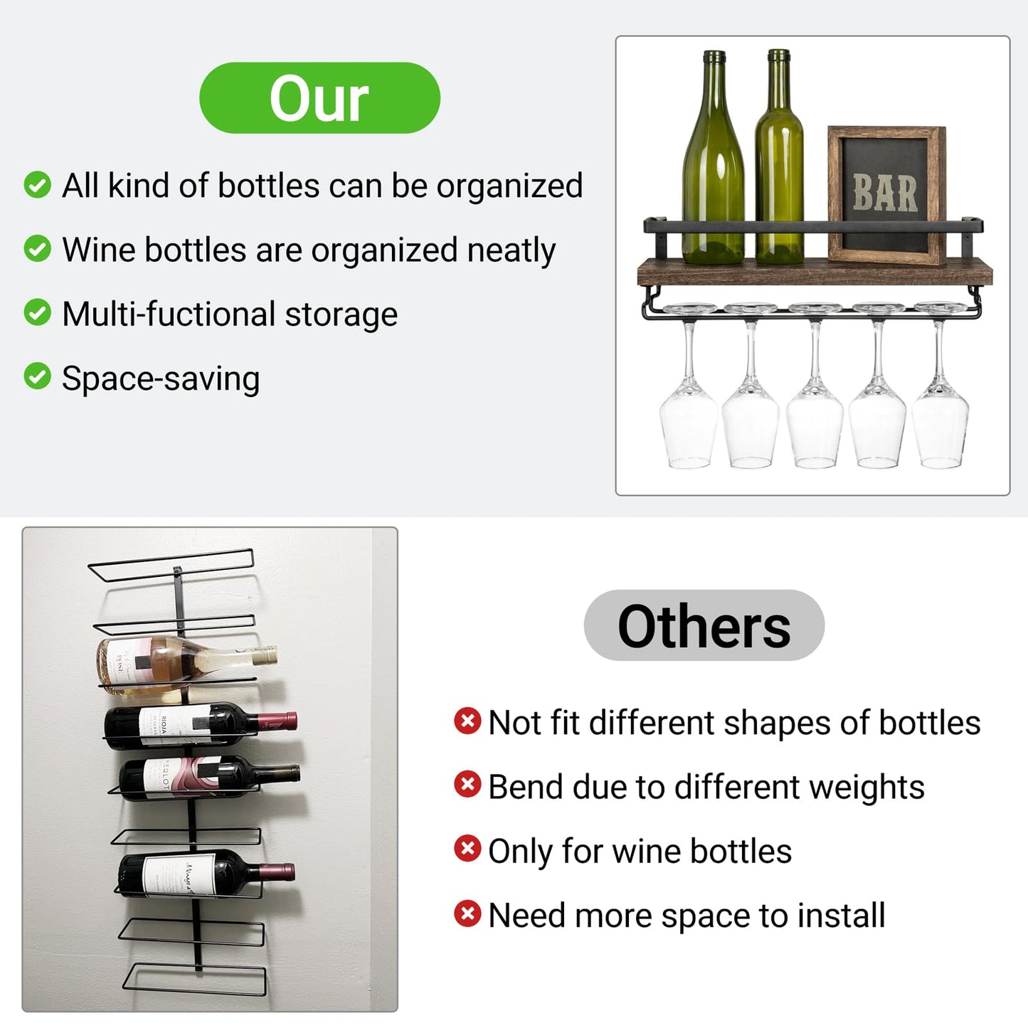 Mkono Wall Mounted Wine Racks 2 Pack Wood Rustic Wine Bottle Glass Floating Shelves with Stemware Holder Modern Wine Display Storage Holders for Kitchen Dining Room Bar