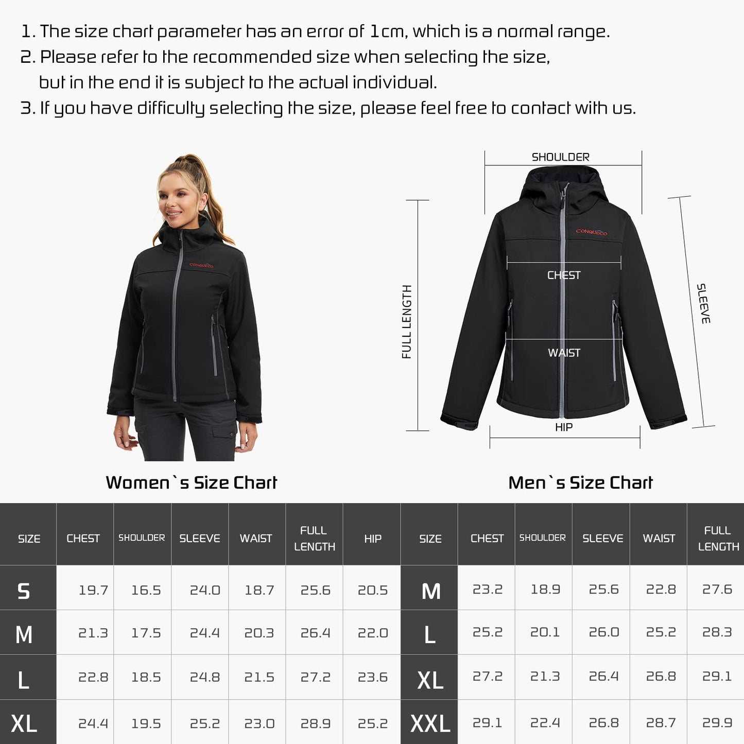 CONQUECO Heated Jacket for Women, Electric Heated Coat Waterproof Windproof with Battery for Outdoor Work and Daily Wear.