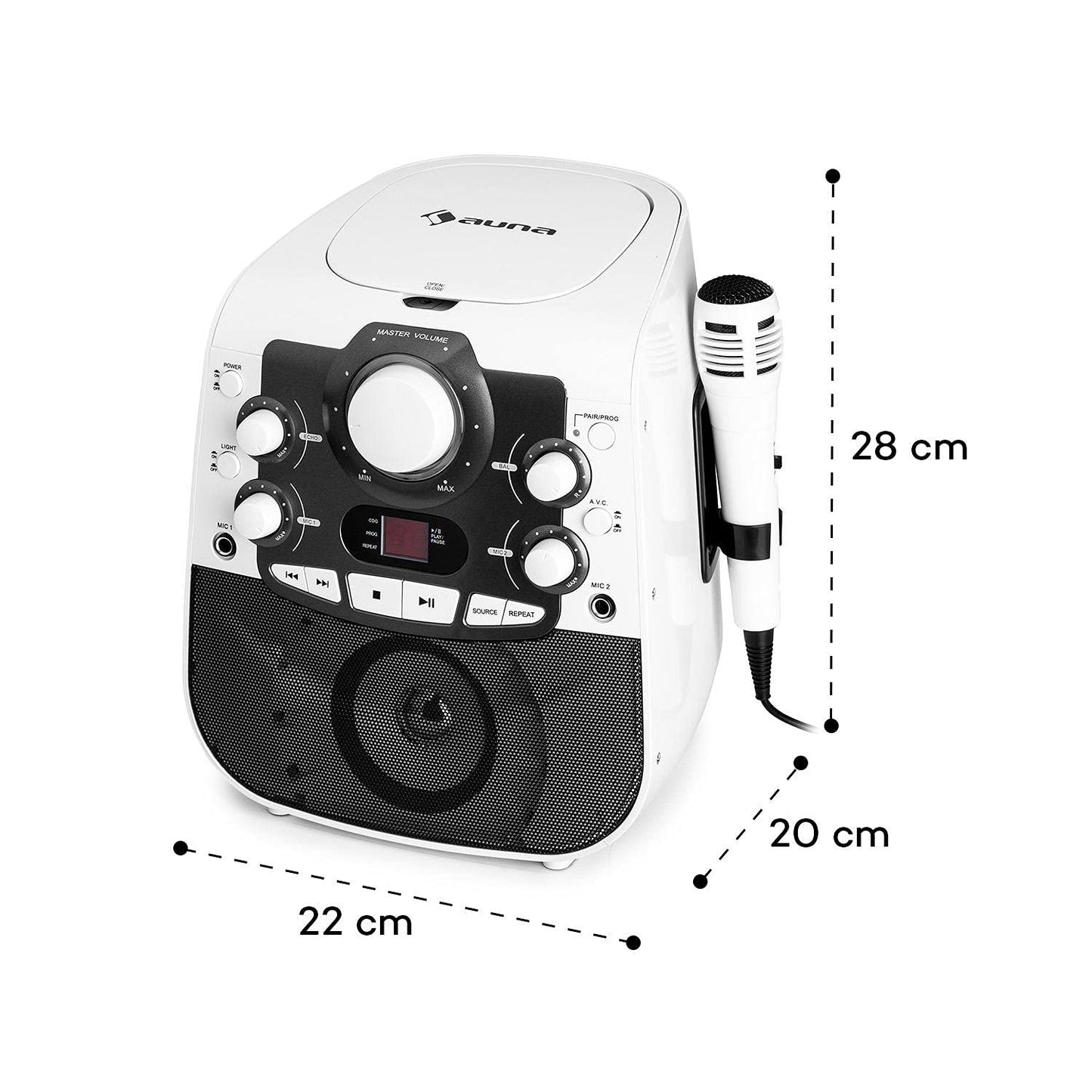 auna StarMaker 2.0 Karaoke System, karaoke machine with Bluetooth function, CD player, for CD, CD+G, CD-RW, includes microphone, 2 microphone inputs, LED show, A/V output, white.