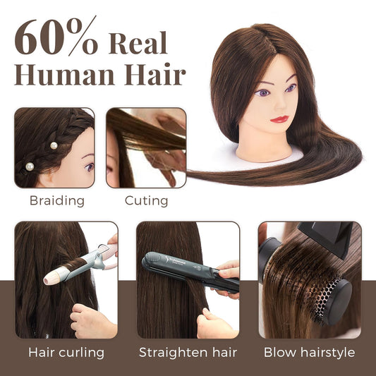 Neverland Beauty Styling Head with Practice Head Stand - 71cm 60% Real Hair, Doll Head for Styling, Training Heads for Hairdressers Training Head With Holder + DIY Hair Set (Brown)