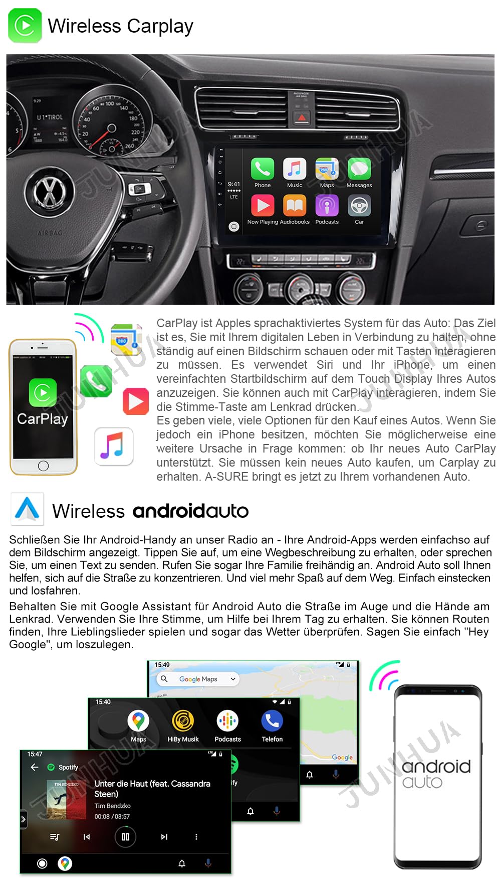 JUNHUA Android 12 car stereo GPS navigation for VW Golf 7 MK7, with 2GB RAM+32GB ROM, 10.1" display, 1280x800 resolution. Supports Wireless Carplay, Android Auto, WiFi, Bluetooth 5.1.
