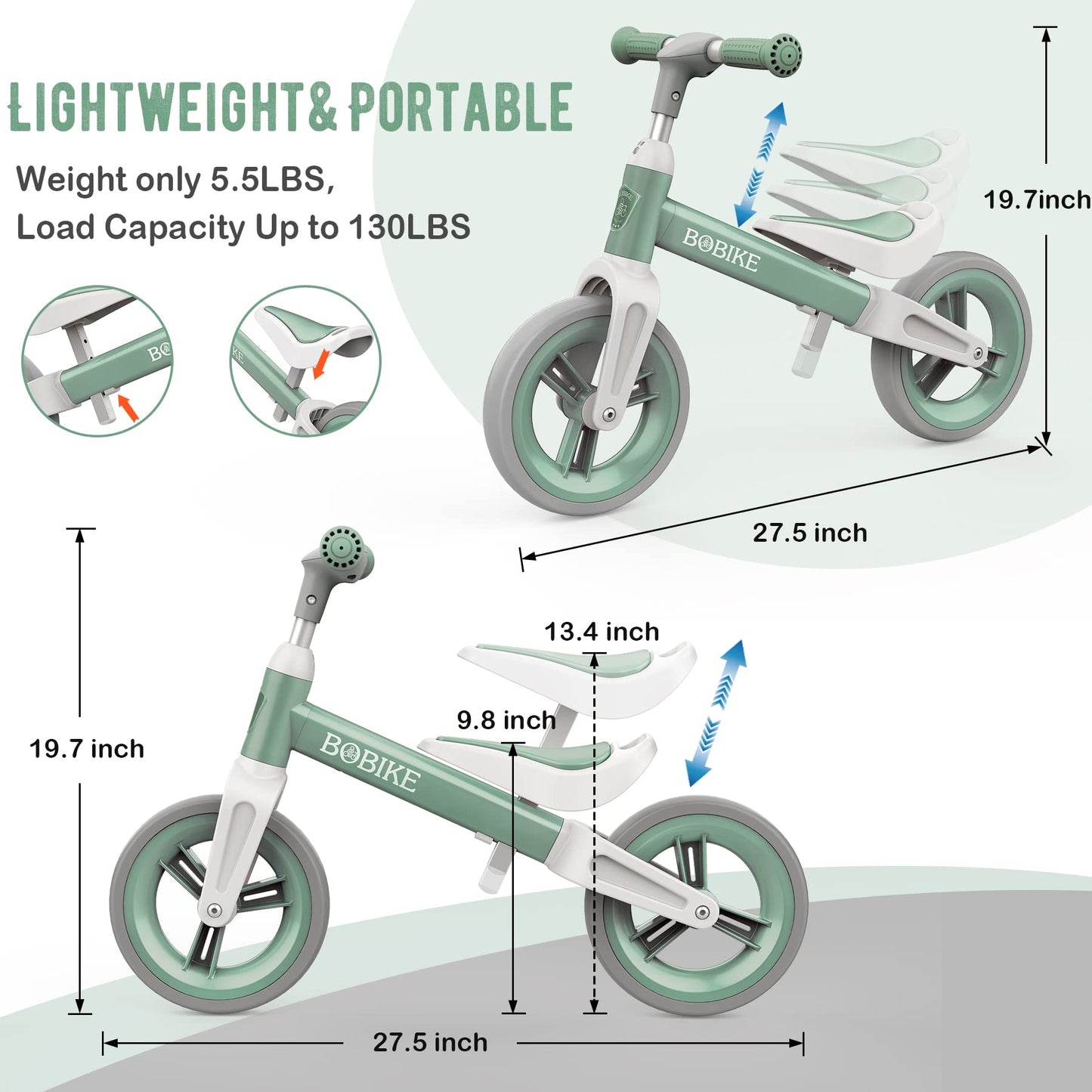 MHCYLION balance bike for kids aged 1.5-4 years up to 25 kg, adjustable handlebar and seat, handlebar lock, ultralight children's balance bike for boys and girls(Green)
