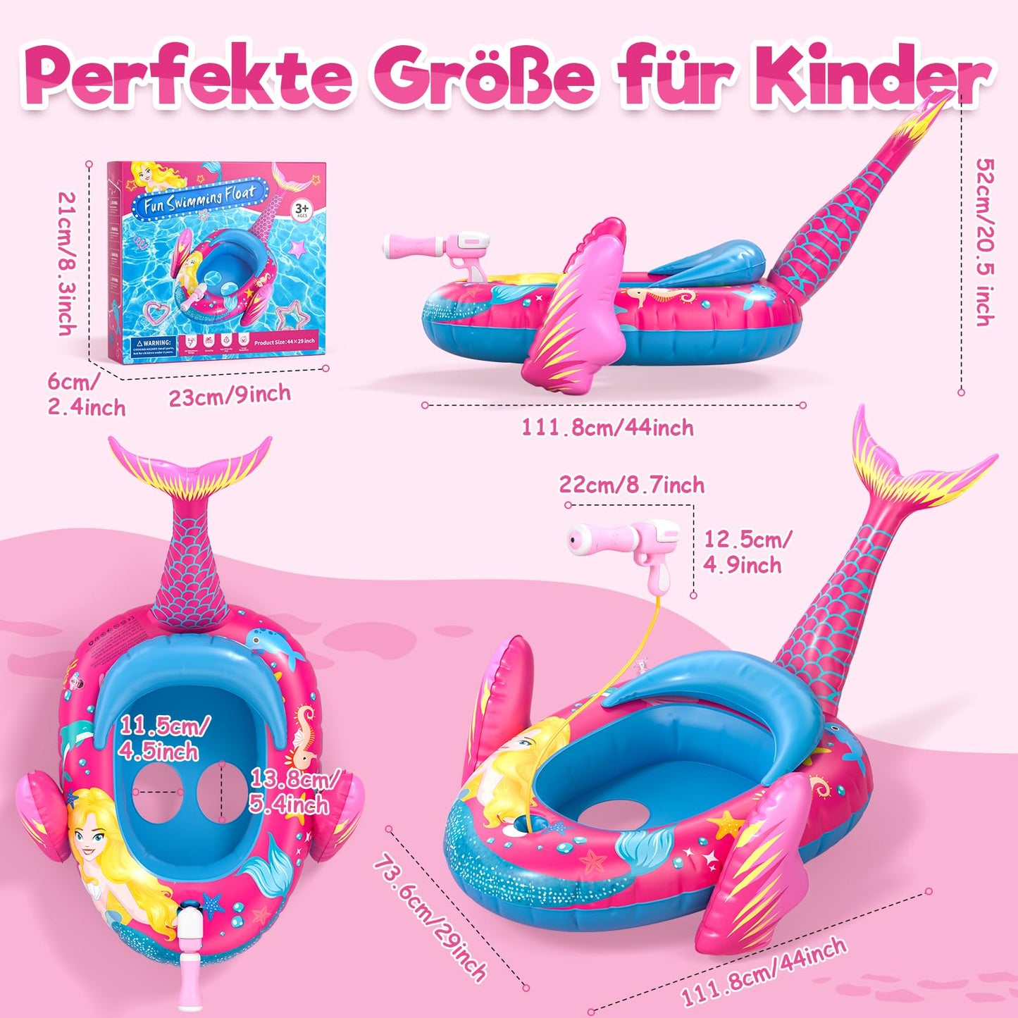 Sunrad kids swimming ring with water gun, inflatable mermaid swim ring, kids inflatable boat swim ring, swim aid kids swim seat for toddlers aged 3-10 years.