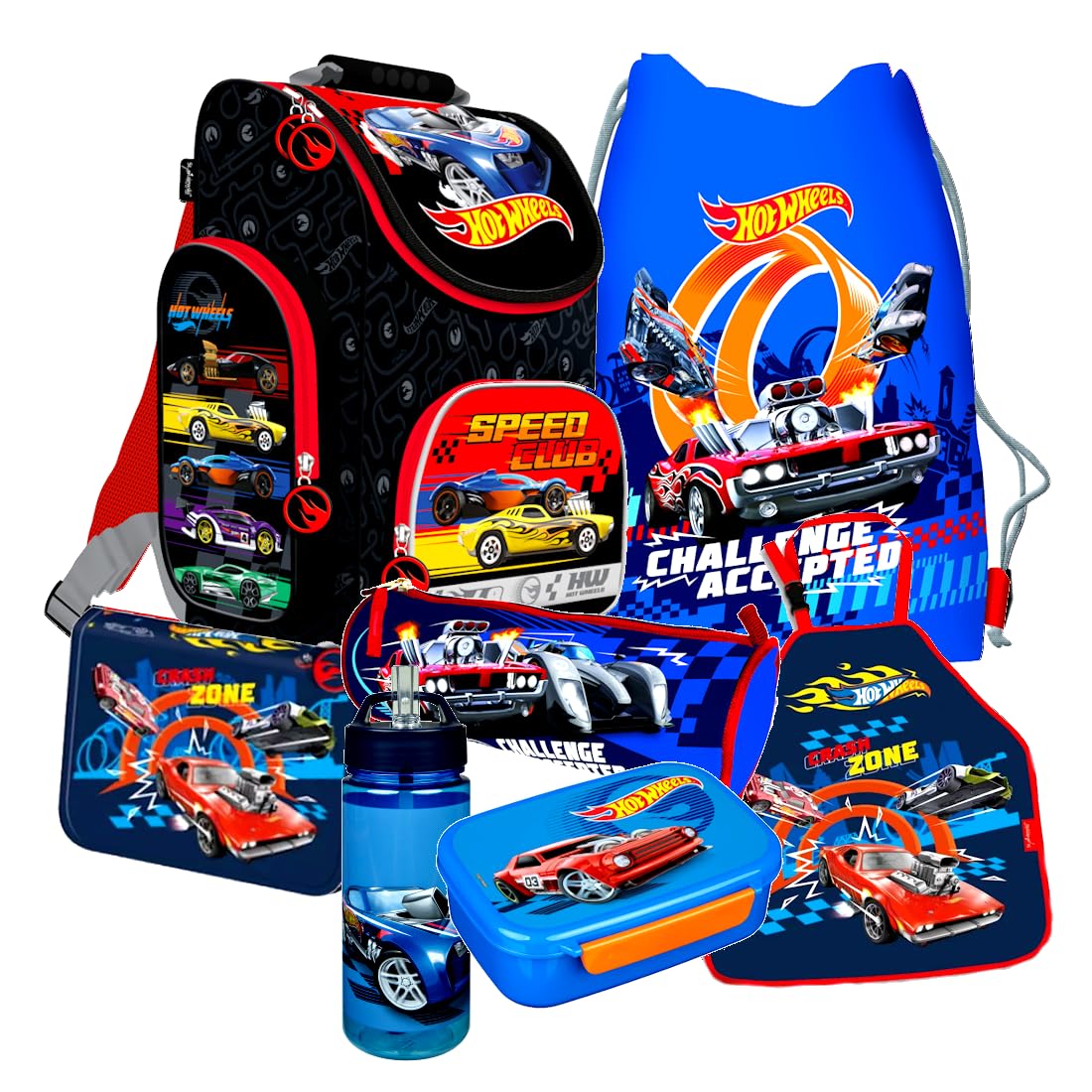 Hot Wheels Cars 7 piece school bag set with pencil case and backpack with stickers - from Kids4shop