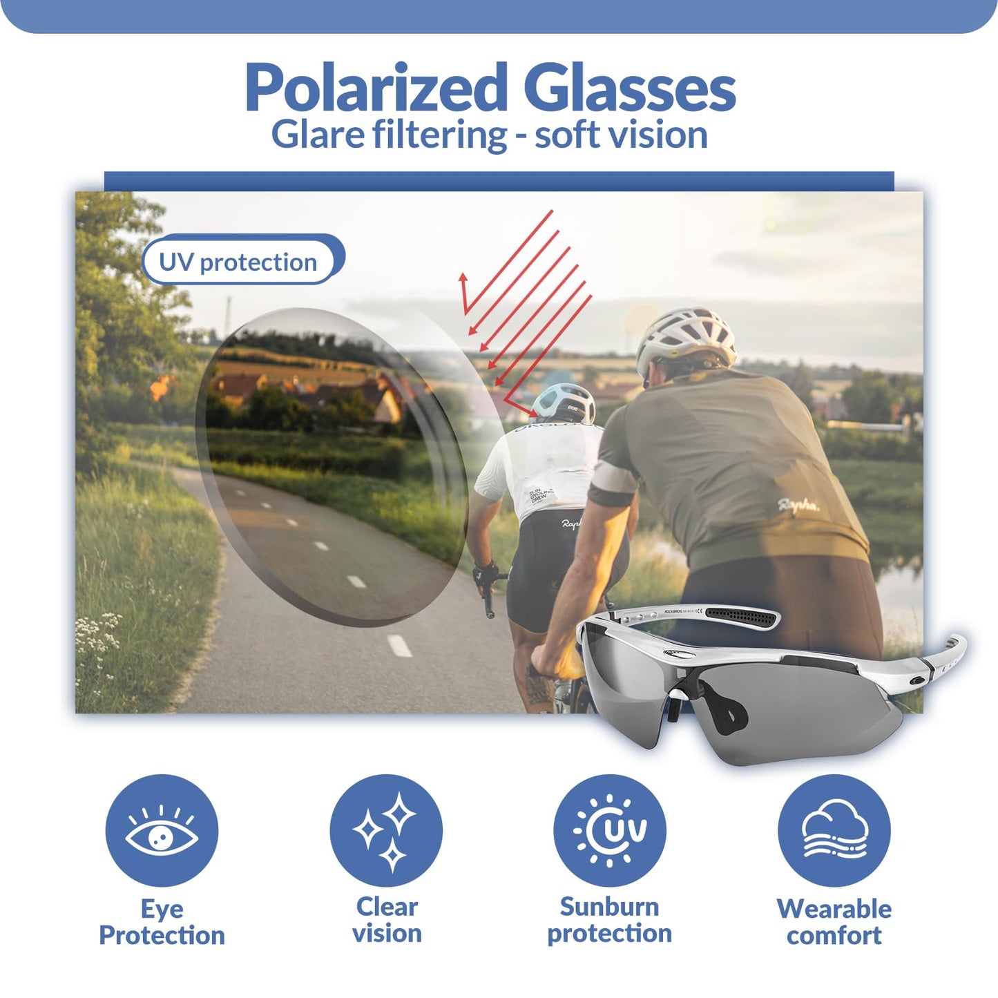 ROCKBROS self-tinting cycling glasses sunglasses for men/women with UV 400 and headband for eyeglass wearers. Ideal for outdoor activities like running and mountain biking. Transparent lenses.
