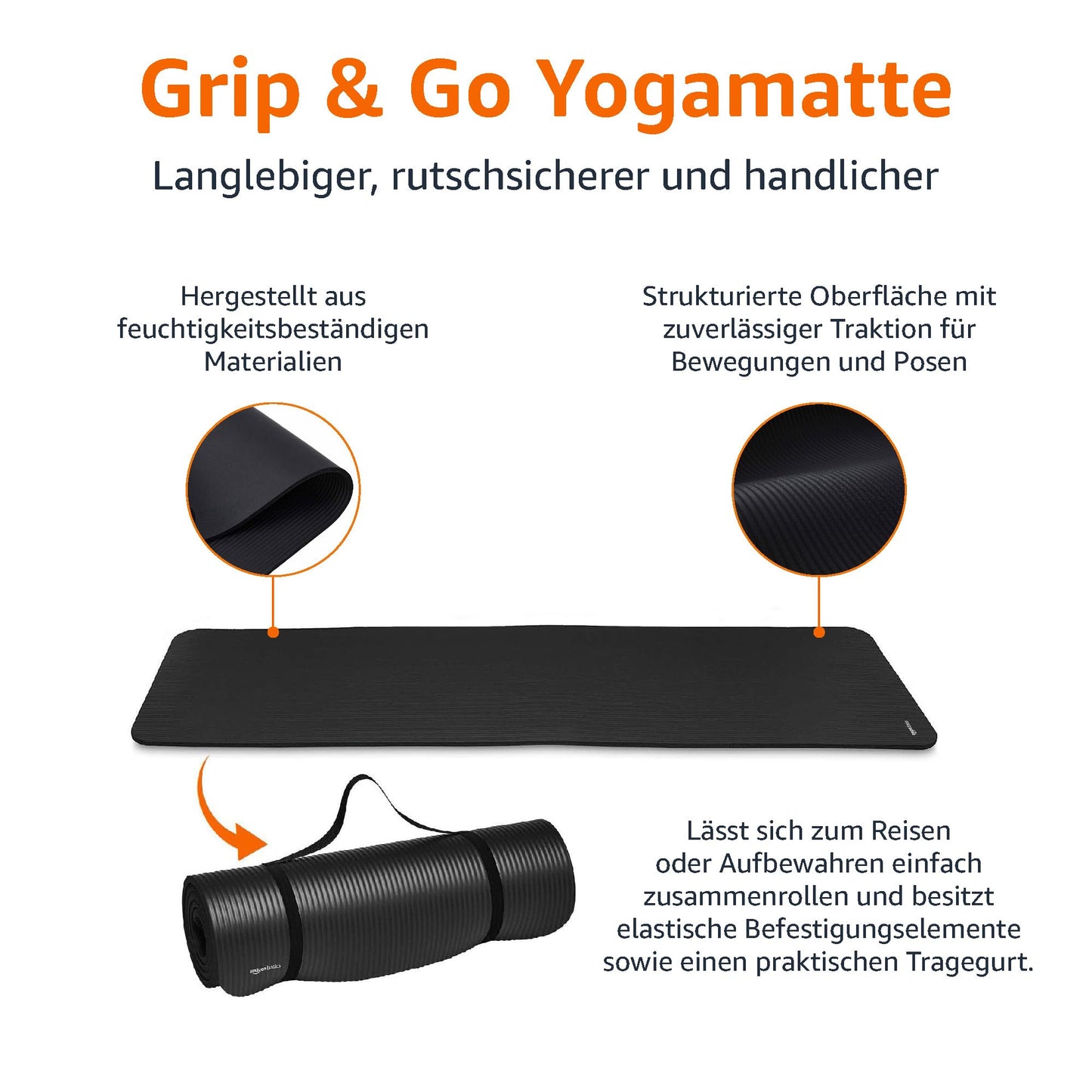 Amazon Basics Yoga Mat, non-slip, extra thick, Pilates-Gymnastics mat, 183 x 61 x 1 cm, Black.