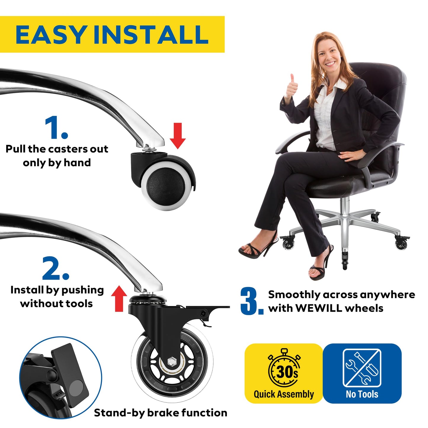 WEWILL office chair casters with lock, 5pcs office chair replacement casters, wear-resistant heavy-duty office chair casters replacement floor protectors with brake (10 * 22mm, not suitable for most casters)