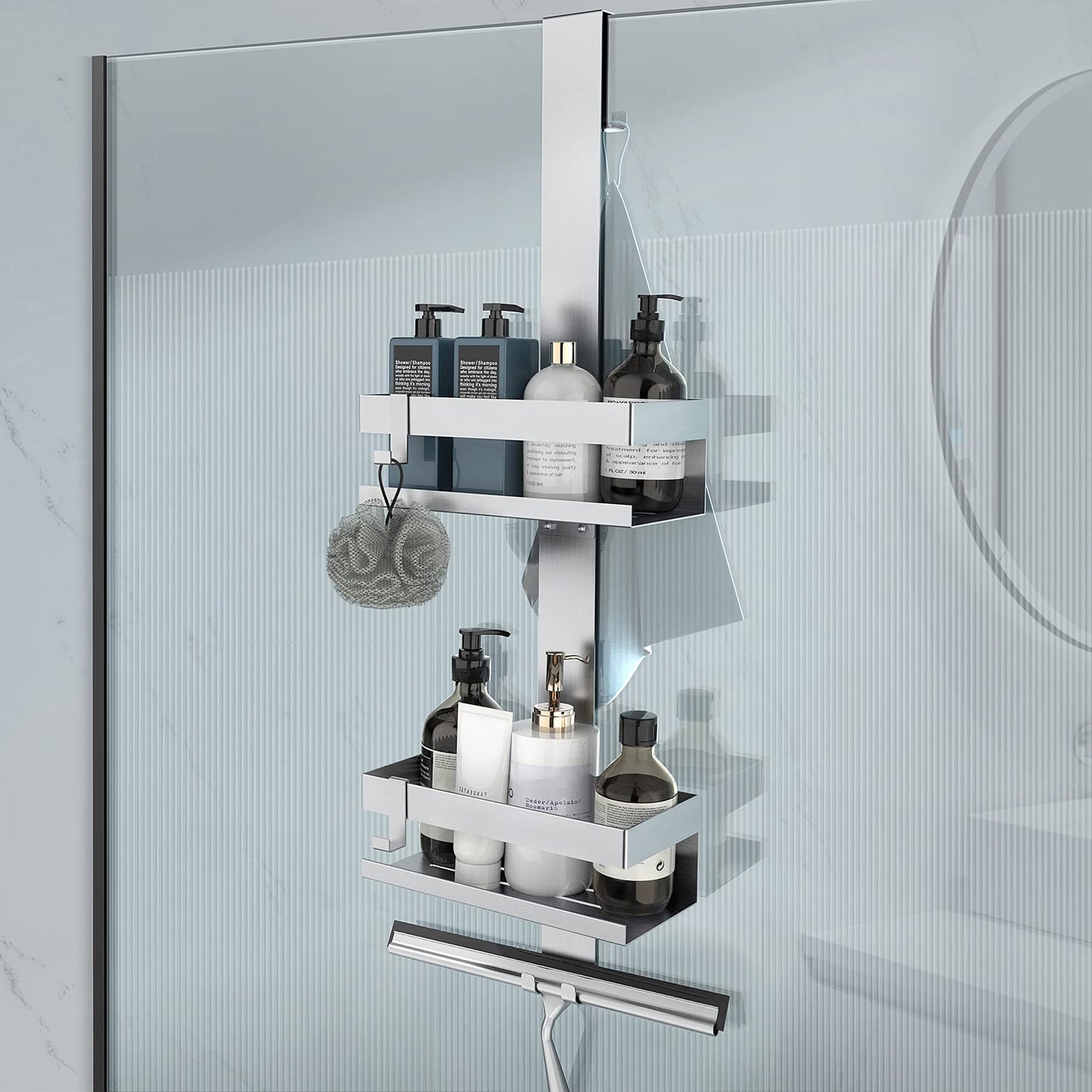 Uuleever hanging shower caddy, stainless steel SUS304, no drilling for frameless glass door, shampoo holder for shower (Style A - Silver).