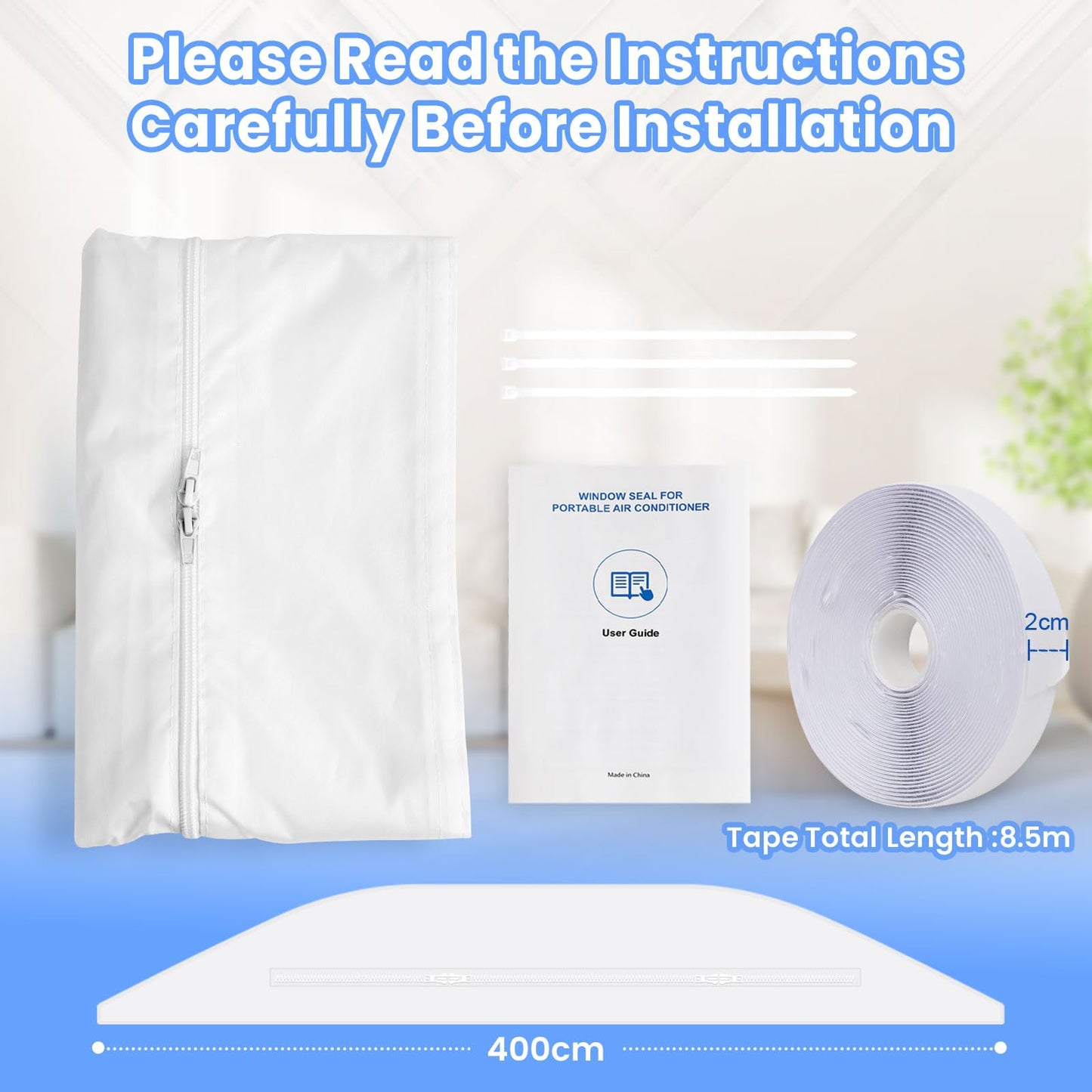 Air conditioner window seal, window seal for portable air conditioners, dryers, exhaust dryers, 400CM (157") Hot Air Stop for windows, Double Zip for skylights, casement windows.
