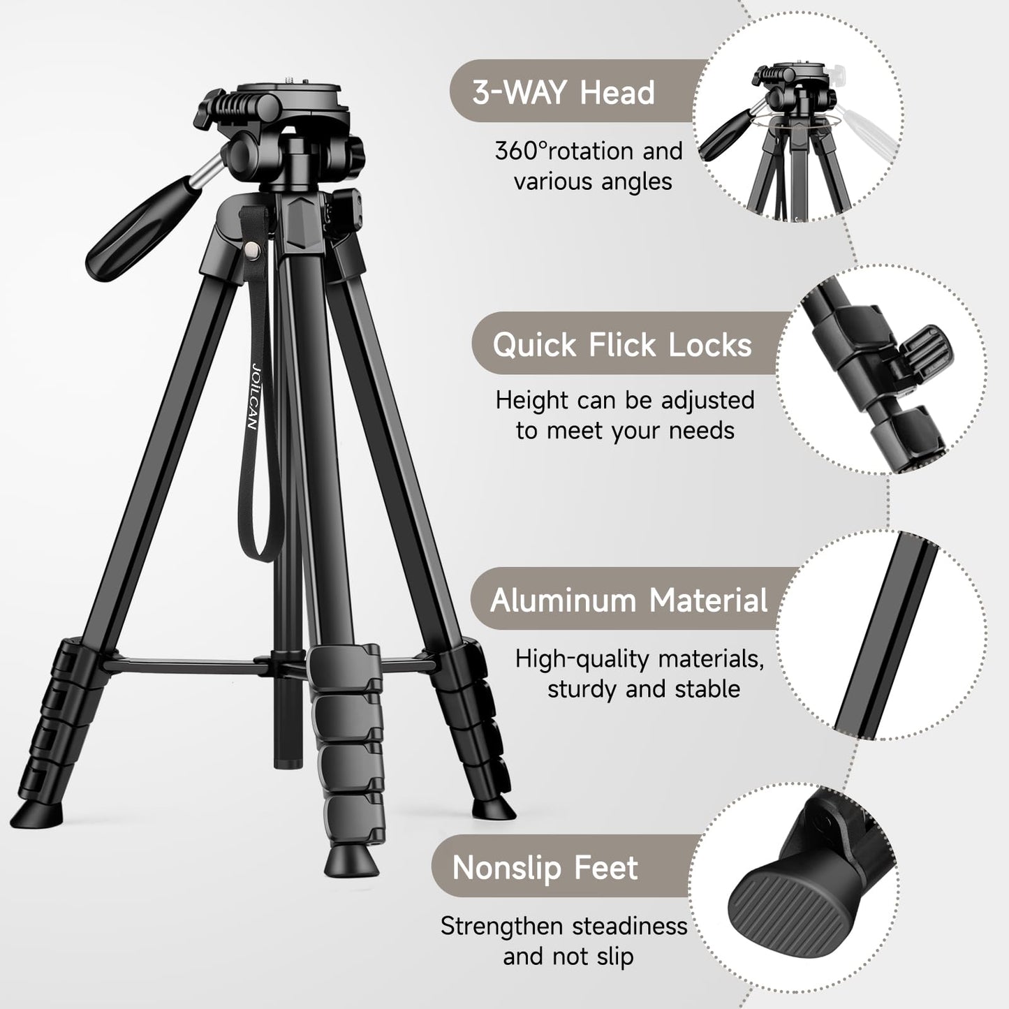 JOILCAN Camera Tripod, 173cm lightweight phone tripod for Smartphone/iPhone/iPad with detachable head, portable aluminum travel tripod with remote control and phone & tablet holder, load capacity 3.6KG