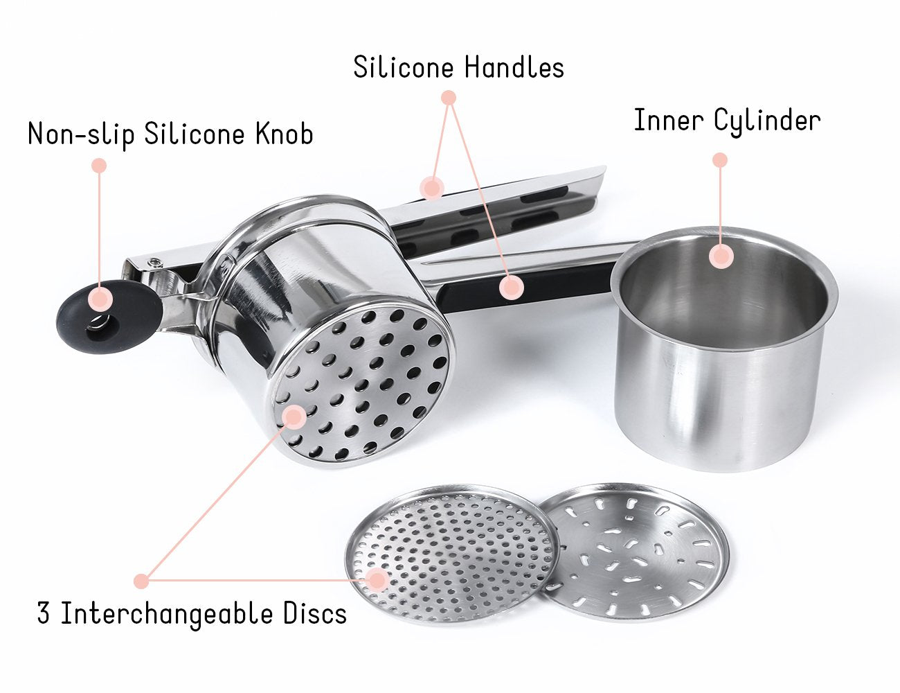 Rorence stainless steel potato masher with 3 interchangeable discs & inner cup & silicone grips (Black)