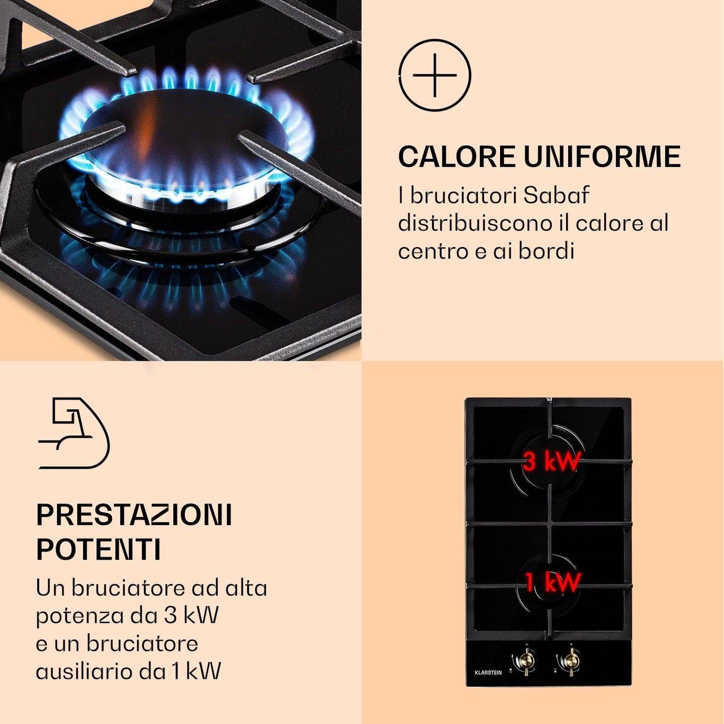 Clearstone Victoria - Gas hob, built-in, Sabaf burners, natural gas/propane, safety valves, automatic shutdown, cast iron pot supports, retro-style ceramic glass, 2 burners, black