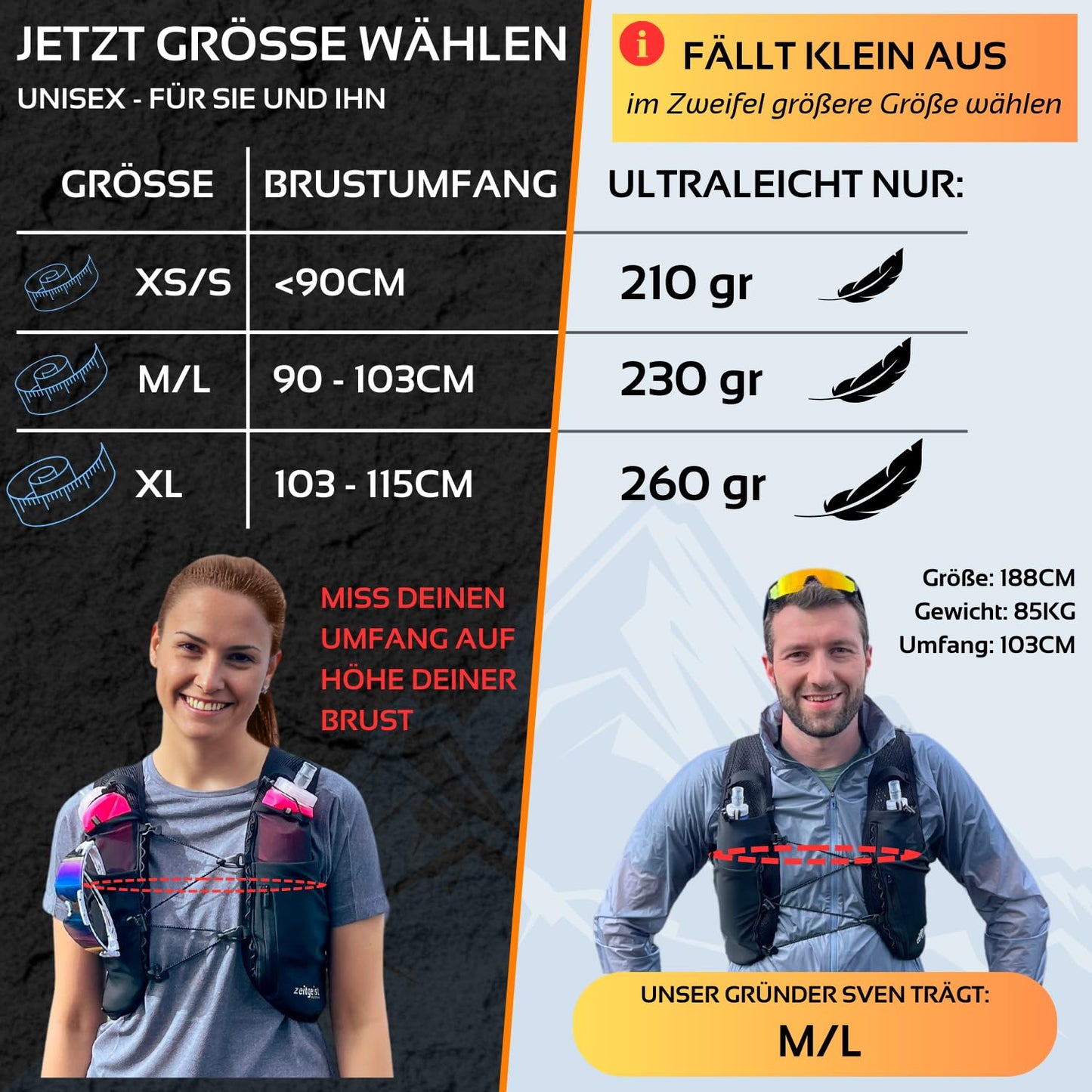 zeitgeist OUTDOOR® running vest for women and men 4L | optimal fit | breathable | ultra-light running backpack 210gr hydration pack running cycling backpack trail running backpack - (XS/S, black)
