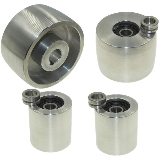 (AL4-19) CNC machined belt grinder set for knife sharpeners. 100mm drive wheel, 19mm shaft, 75mm tracking wheel, 50mm idler.