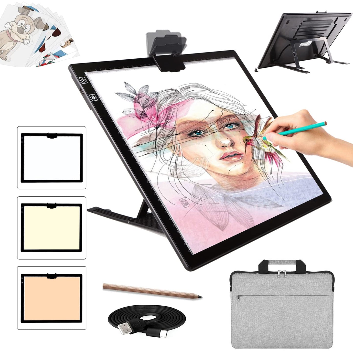 A3 light table with bag, wirelessly battery-operated light box. 3 colors dimmable and 6 brightness levels light board for tracing, rechargeable light pad for diamond painting, sketching.