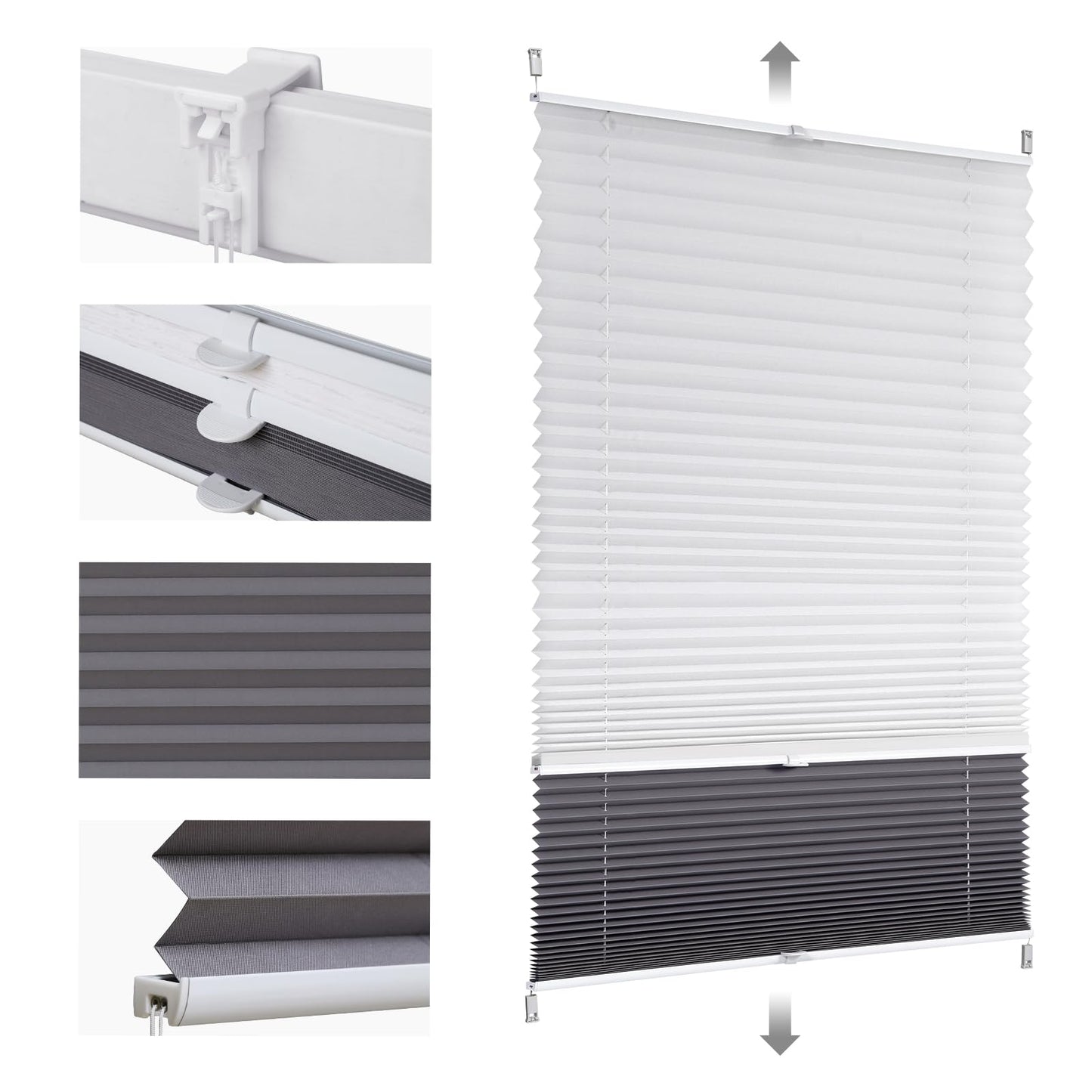 Sekey Pleated Double Pleated Day+Night Blackout without drilling clamped light protection, clamp fix, 55x100cm White and Grey