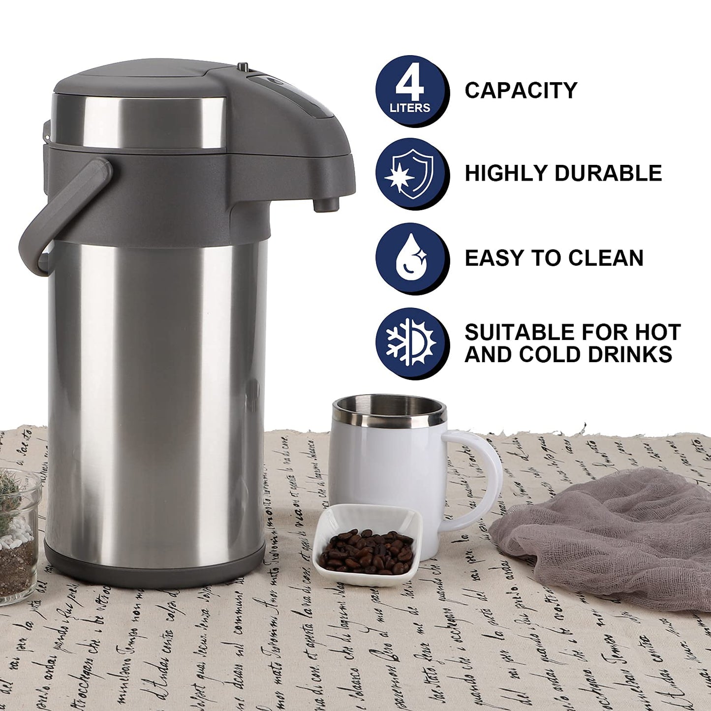 Olerd 4.0 Liter Pump Thermo Coffee Dispenser, Stainless Steel Double Wall Pump Vacuum Insulated Flask with Pump Mechanism, Coffee Carafe, Pitcher for 24 Cups (Silver)