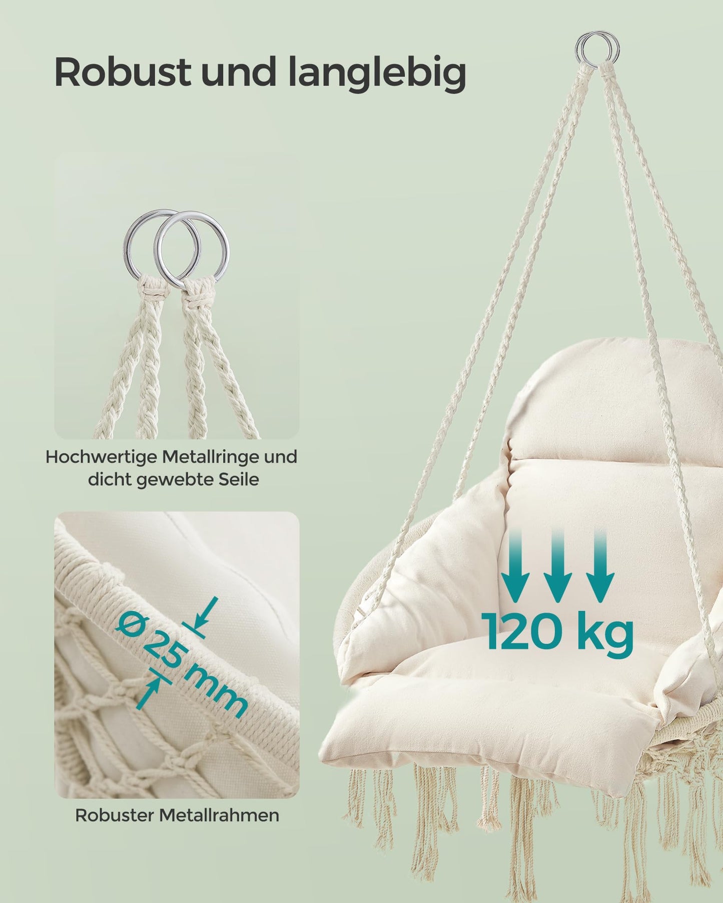 SONGMICS Hanging Chair, Swing Chair, Hammock Chair, Thick Cushion, Scandinavian Style, for Living Room, Patio, Garden, Balcony, Holds up to 120 kg, Accessories Included, Cream White GDC042M01