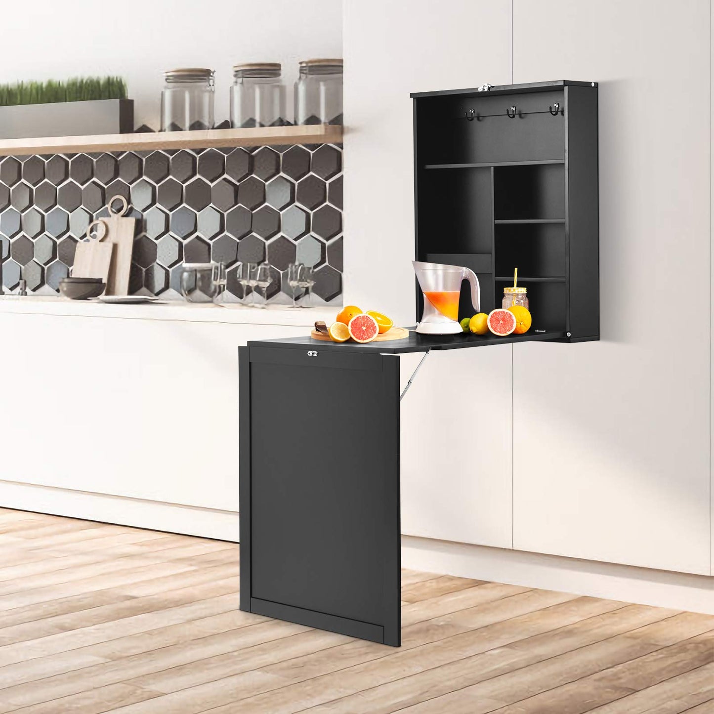 RELAX4LIFE Wall-Mounted Folding Table, Foldable Desk with Chalkboard & 6 Compartments, Multifunctional Fold-down Table, Wooden Wall-Mounted Table, Dining Table, Desk for Dining Room & Living Room & Kitchen (Black)