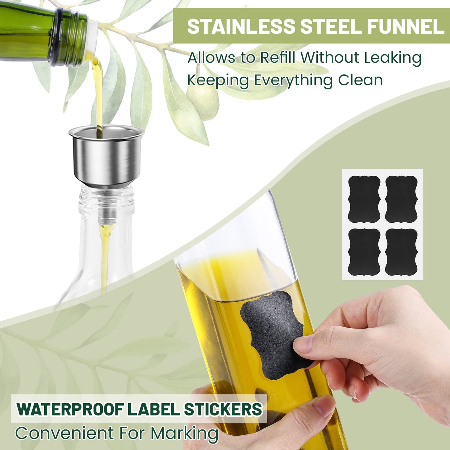Oil bottle, 4x 500 ml vinegar and oil dispenser, olive oil bottle with funnel, anti-drip lid, label, glass bottle for kitchen and BBQ (transparent, 500ml)