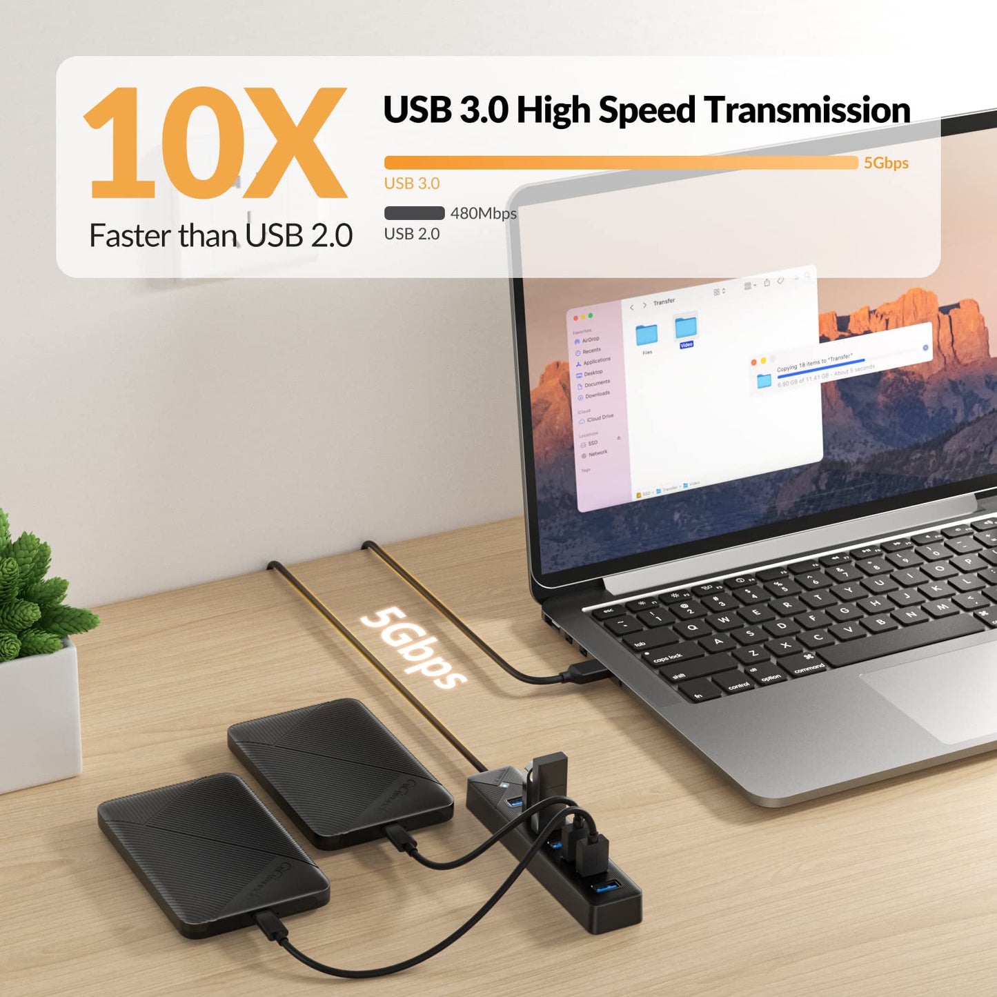 GiGimundo PG7U USB Hub 3.0, 7-Port USB Splitter, 1m Cable with 5V/3A Power Input, Multi USB Adapter for PC Laptop, older MacBook, PS4, PS5, Flash Drive, Keyboard, Mouse GGM-PG7U-U3-10-BK-EU