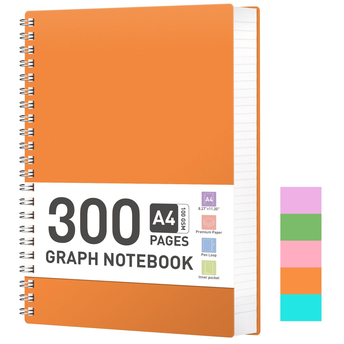 RETACY A4 Grid Notepad, Spiral Notebook 100gsm with 300 pages/150 sheets for drawing, Plastic PVC Hardcover, for diary, college, conference, travel, 21.5 x 27.9cm - Orange