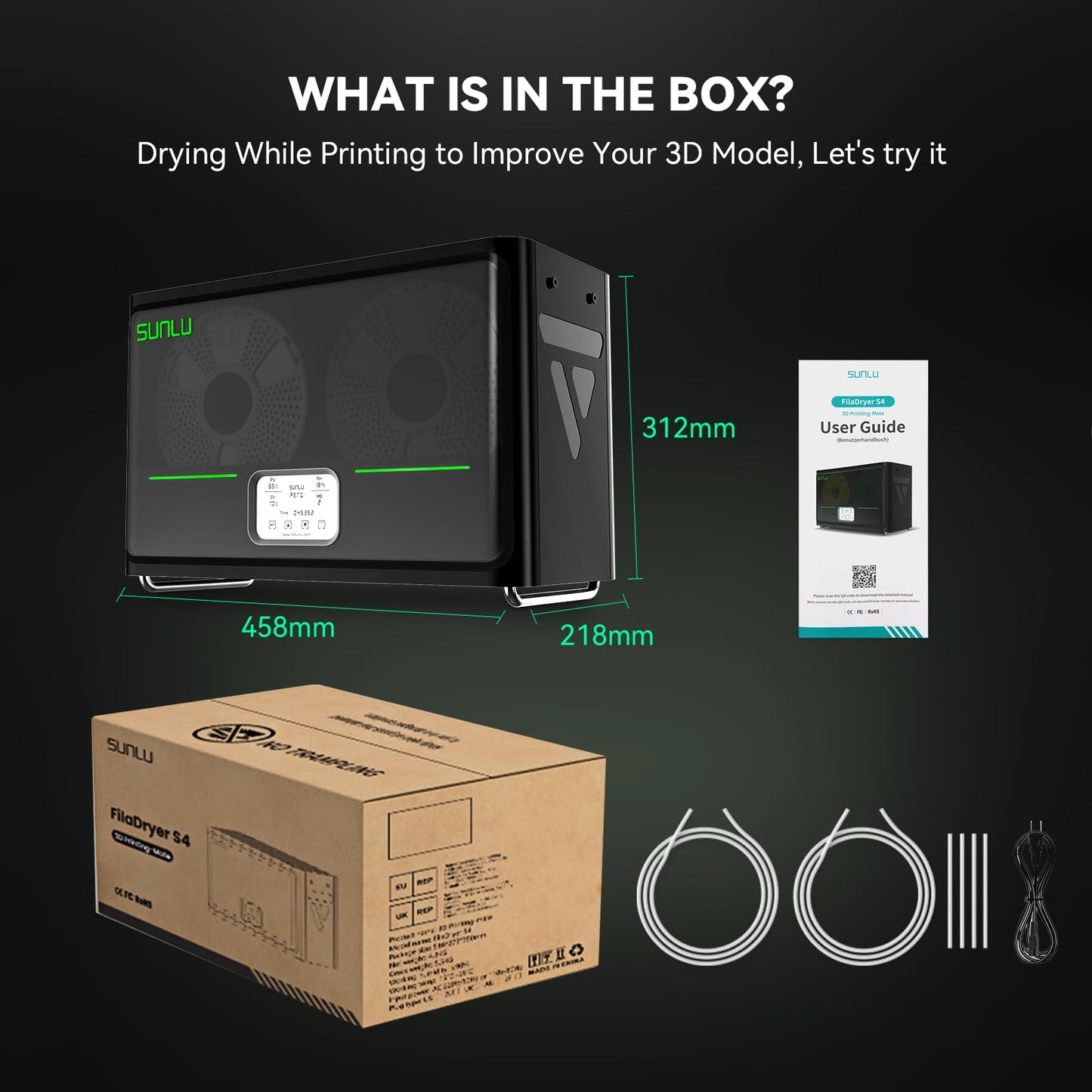 2025 SUNLU Official Filament Dryer Box S4, Upgrade 4-Spool Filament Dehydrator with temperature balance/fast heating/automatic moisture control, for PLA TPU PETG ABS Nylon PA