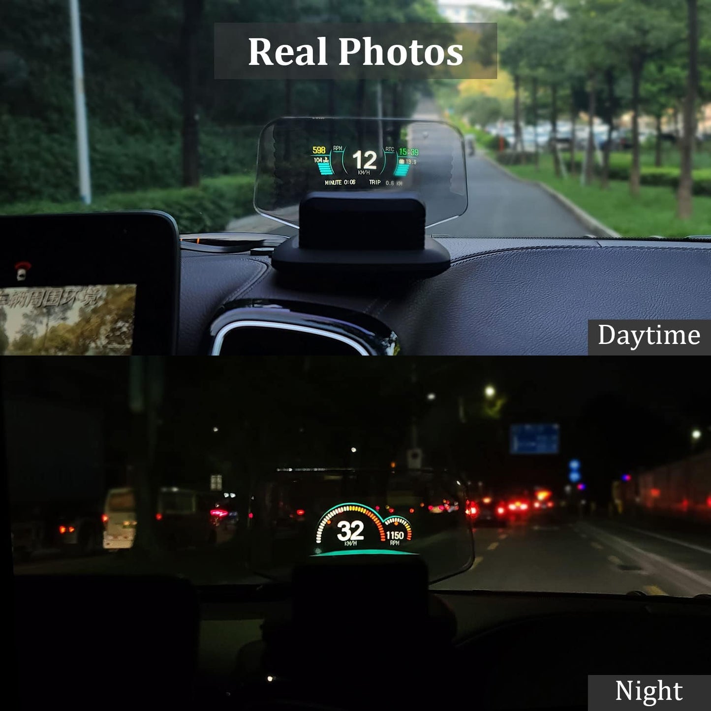 AMROOLOO Dual System Car Head-up Display shows GPS speedometer and other functions. OBD In-Car Dashboard with multiple prompt functions. Suitable for all cars.