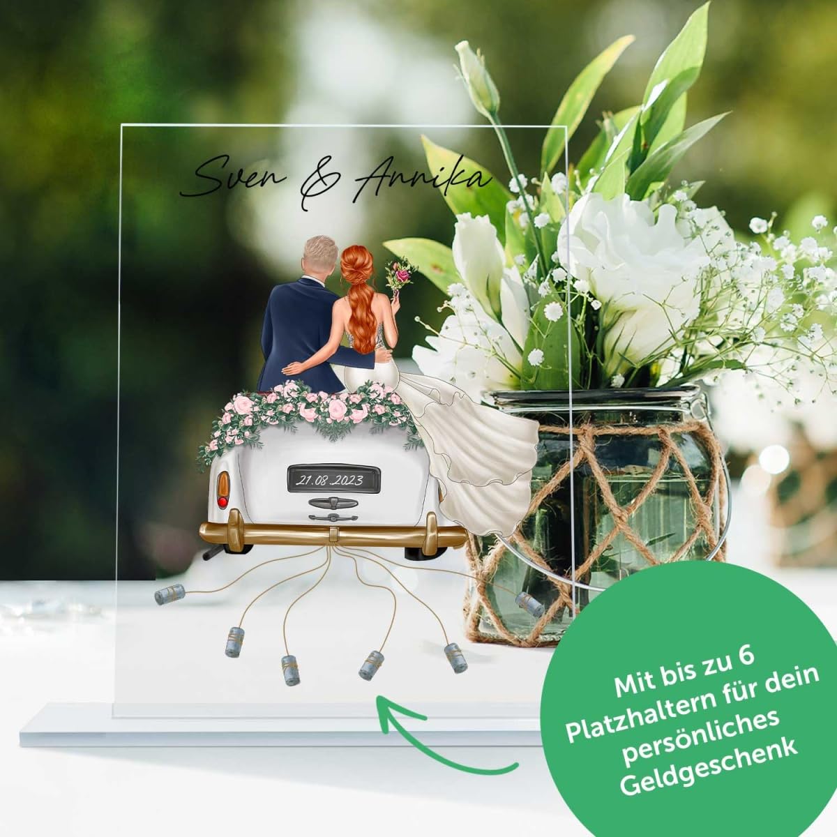 Engraved line Personalized money gift wedding - Acrylic glass with wedding car - Premium wedding gifts for bride and groom - Wedding money gifts - Wedding gift - With name and date