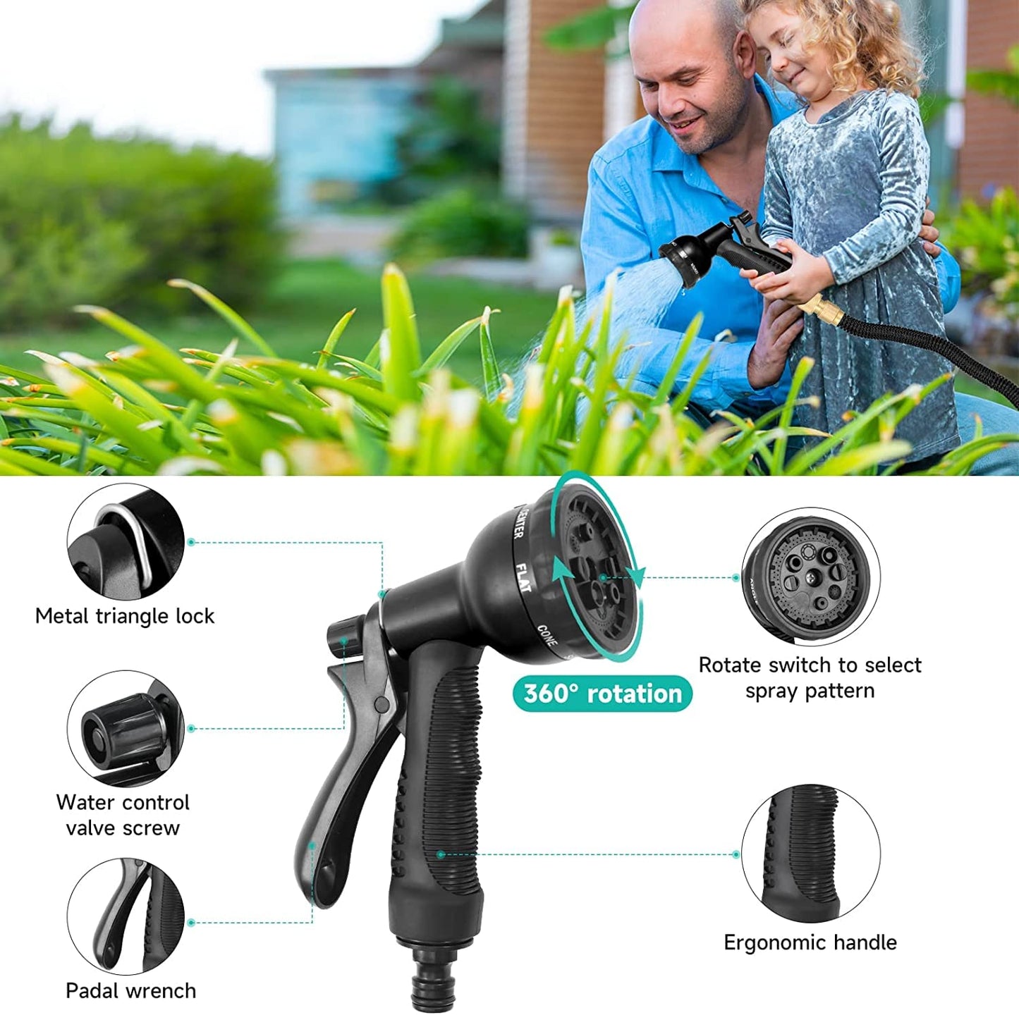 Flexible garden hose 30m with 8 function garden hand spray nozzle. Flexible garden hose 3/4 inch & 1/2 inch with hose hook storage bag. Water hose for garden, pet, car wash. Black.