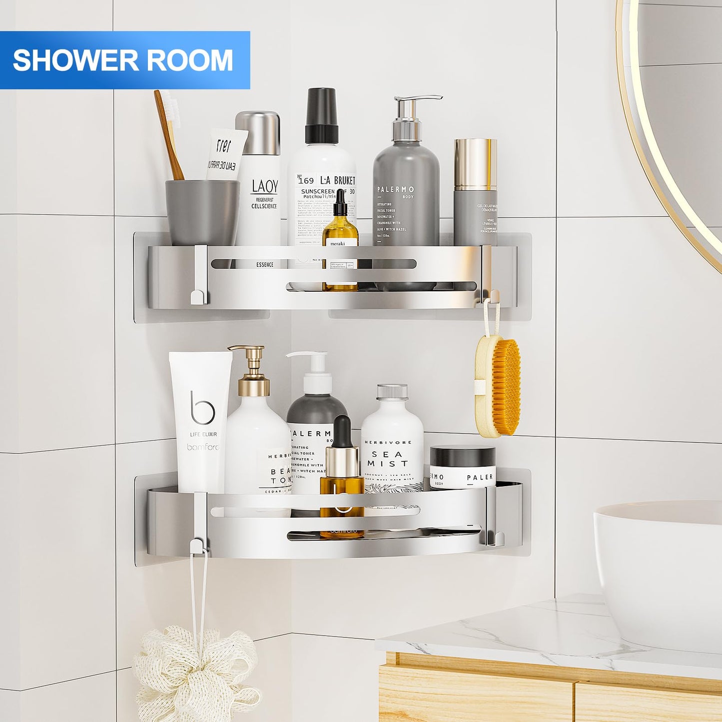 PNNP Shower Caddy Without Drilling Corner: Shower Shelf Stainless Steel 2 Pieces Shower Basket Self-Adhesive With 4 Hooks Bathroom Shelf for shower storage Shampoo and Shower Gel (Silver)