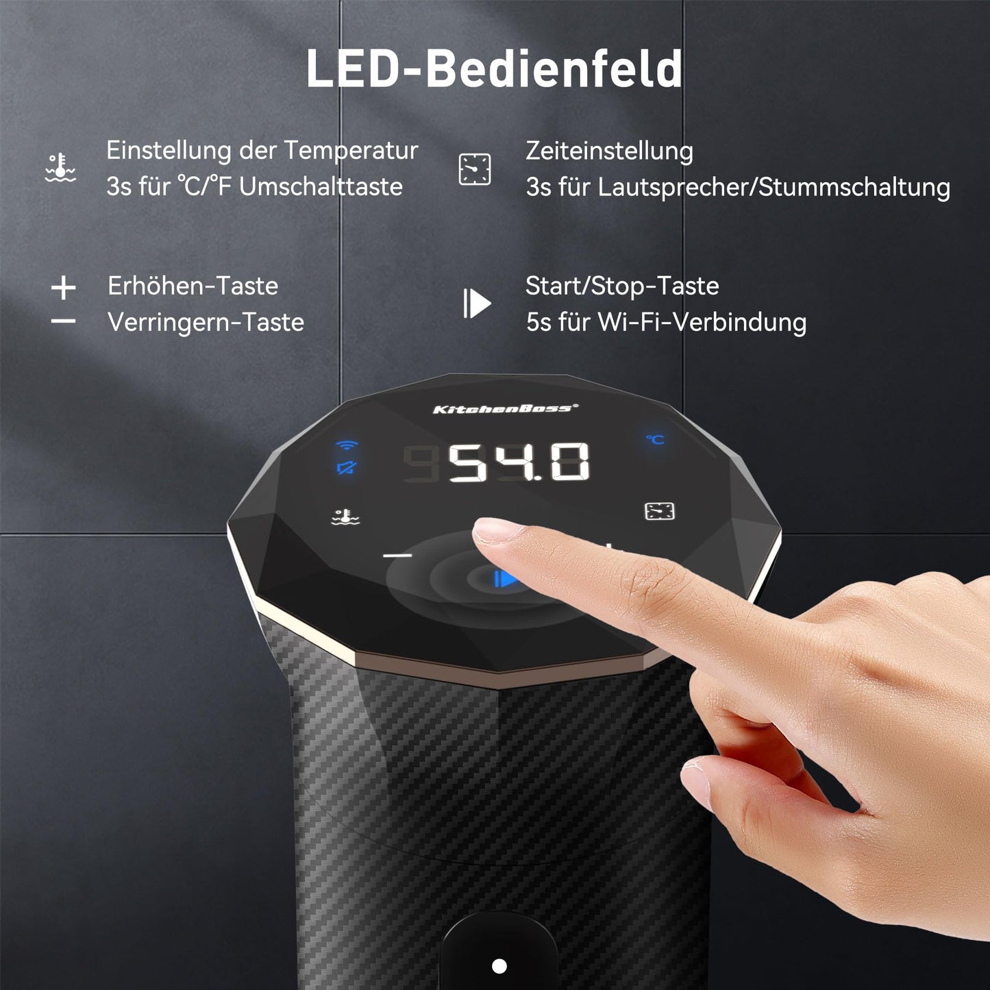 KitchenBoss Sous Vide Cooker Stick WiFi: Sous Vide Stick Wi-Fi precision cooker immersion circulator app control IPX7 waterproof ultra-quiet LED touch display 1100W 40°C-90°C