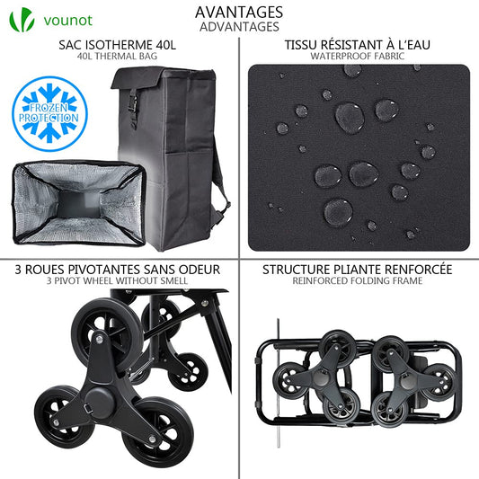 VOUNOT shopping trolley with cooler compartment, collapsible shopping cart with 3 wheels, 40 L, black.