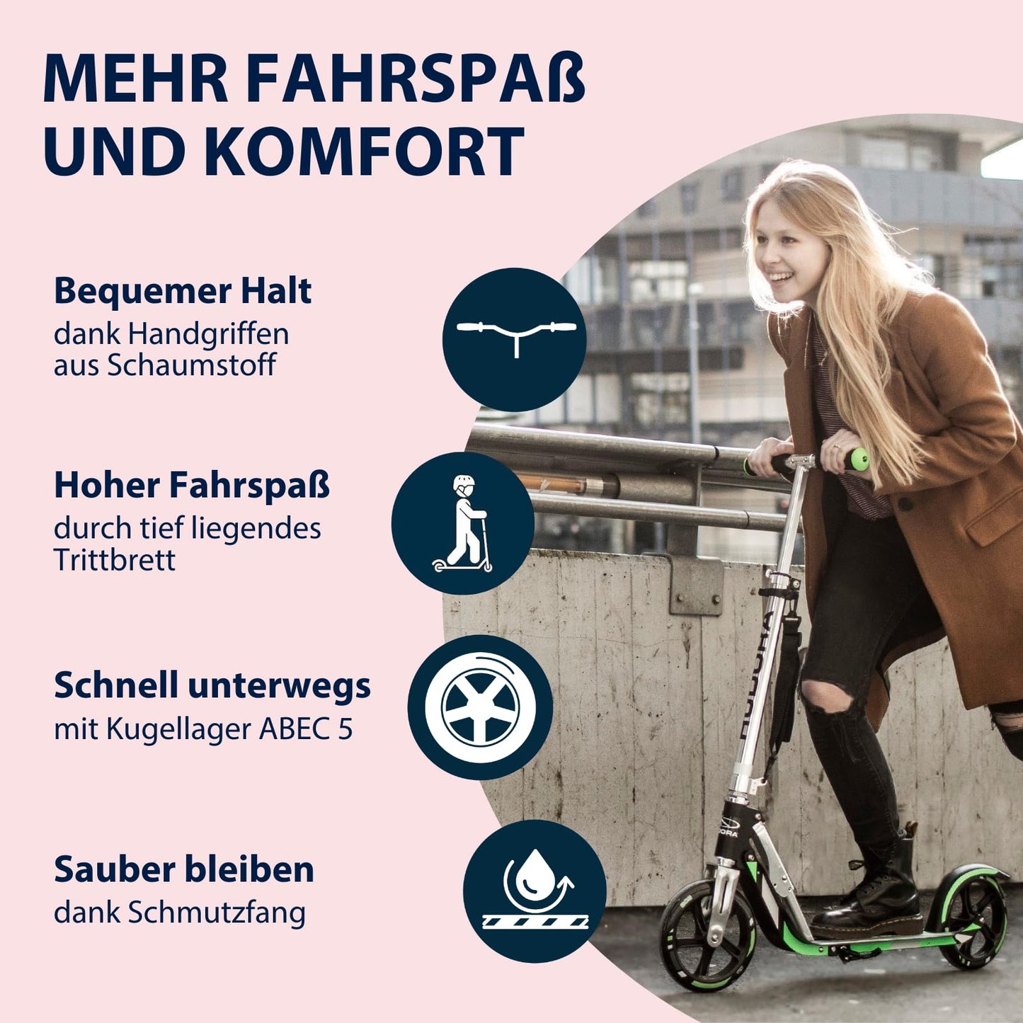 HUDORA BigWheel 205 Scooter - Stable aluminum scooter - Height-adjustable & foldable city scooter with stand - Sporty scooter for kids & adults up to 100kg.