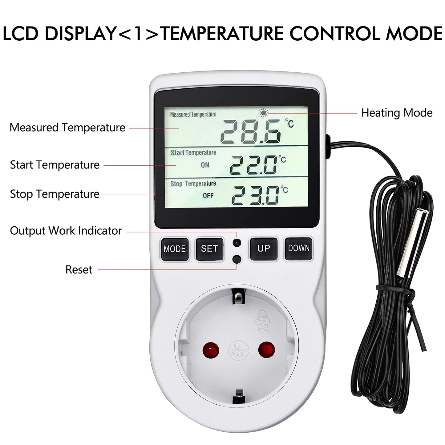 Temperature controller 230v Digital Thermostat Socket Plug thermostat with sensor Timer, Temperature socket heating cooling for greenhouse heating blanket water tank