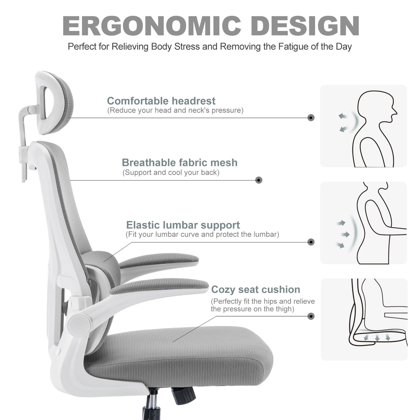 LIYURUI Ergonomic Office Chair, Adjustable Desk Chair with Headrest/self-adaptive Lumbar Support/padded flip-up Armrest, breathable 125° Rocking 360° Swivel Chair, gray