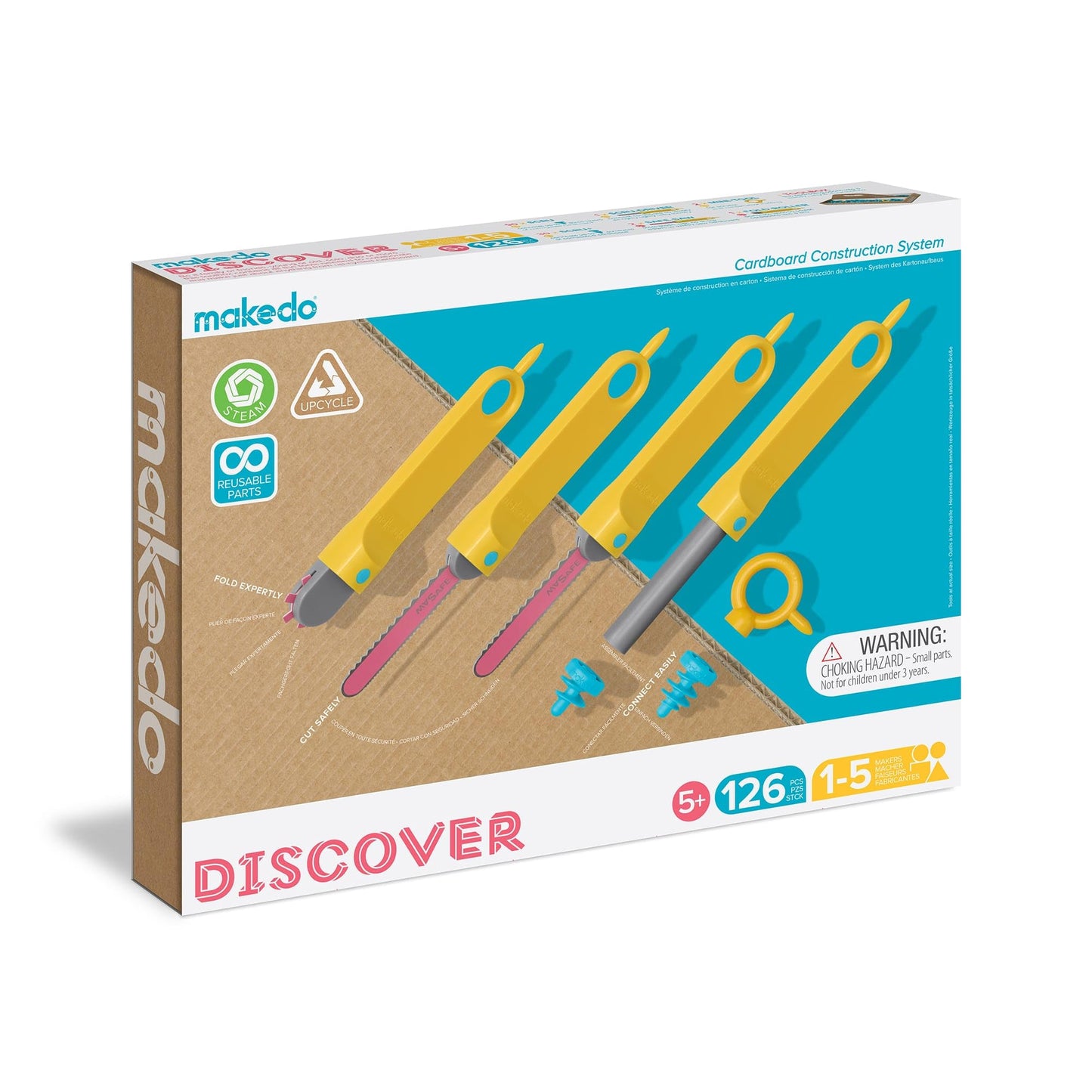Makedo - construction toys for cardboard, kids games for ages 5 and up, educational mint toy, ideal for creative play at home - 126 piece tool set - Discover Pack.
