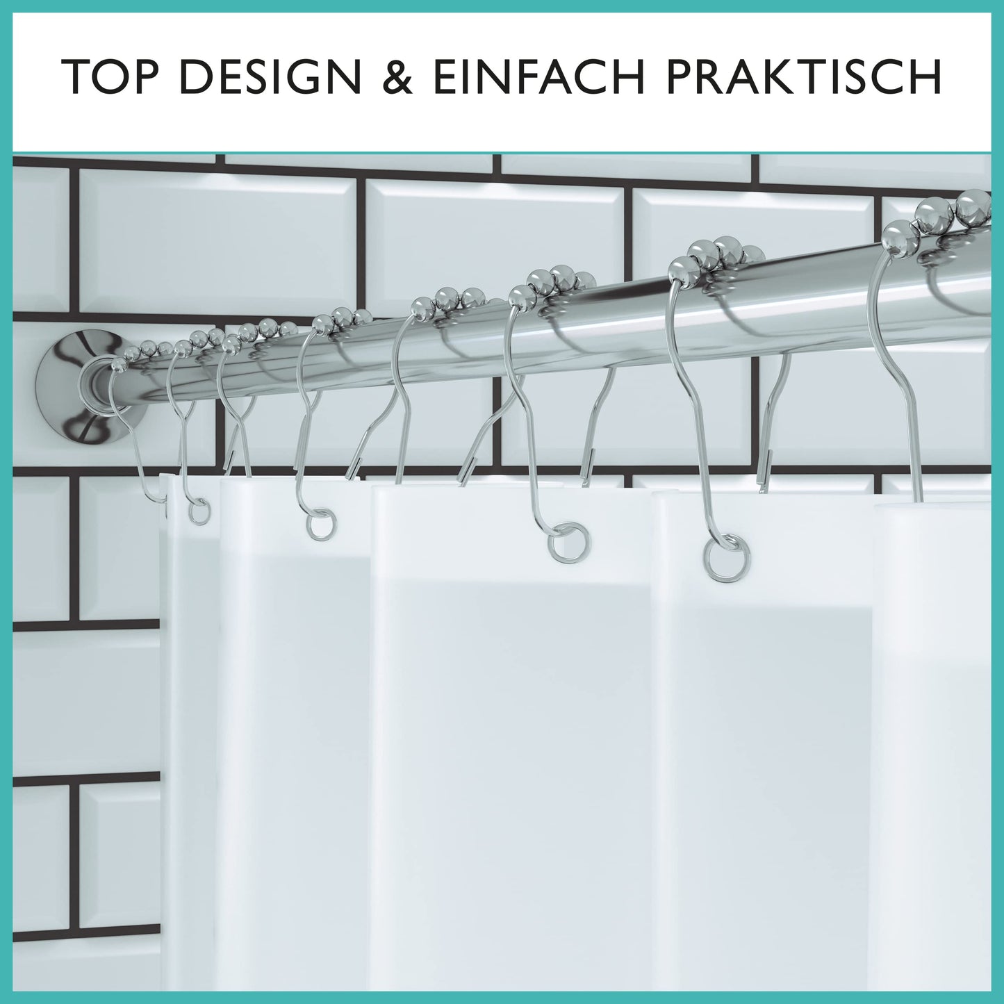 Shower curtain rod without drilling incl. 12 rings - Stable 120-215cm telescopic shower rod without drilling made of stainless steel rustproof - Shower curtain rod set - Telescopic rod shower & bathtub
