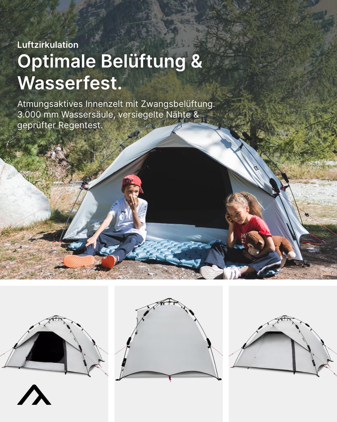 qeedo Quick Ash Dark Series seconds tent completely darkened inside, waterproof, light & robust - camping tent for 2 people, dome tent with small awning, mosquito net & quick setup system