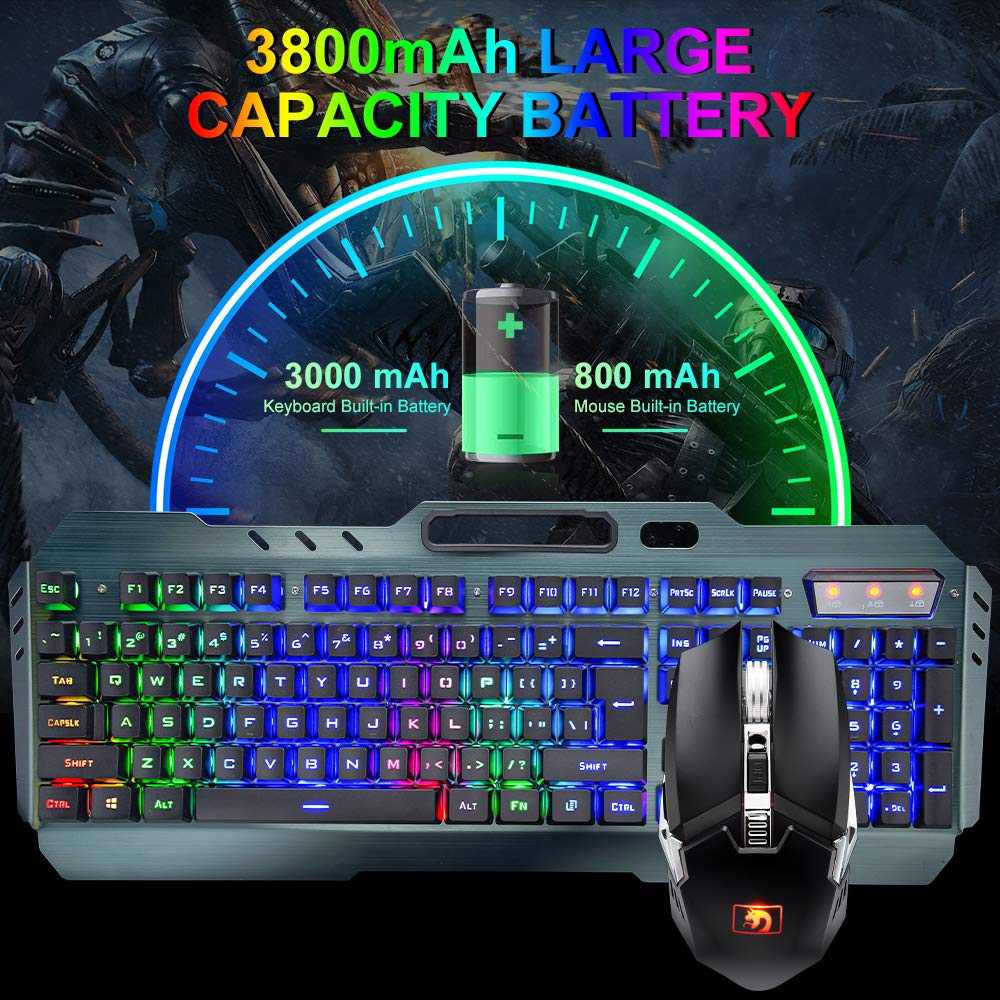 Wireless gaming keyboard and mouse set, 2.4G rechargeable 3800mAh large capacity, rainbow LED backlight gaming keyboard + 2400DPI 7-color breathing backlight mouse.