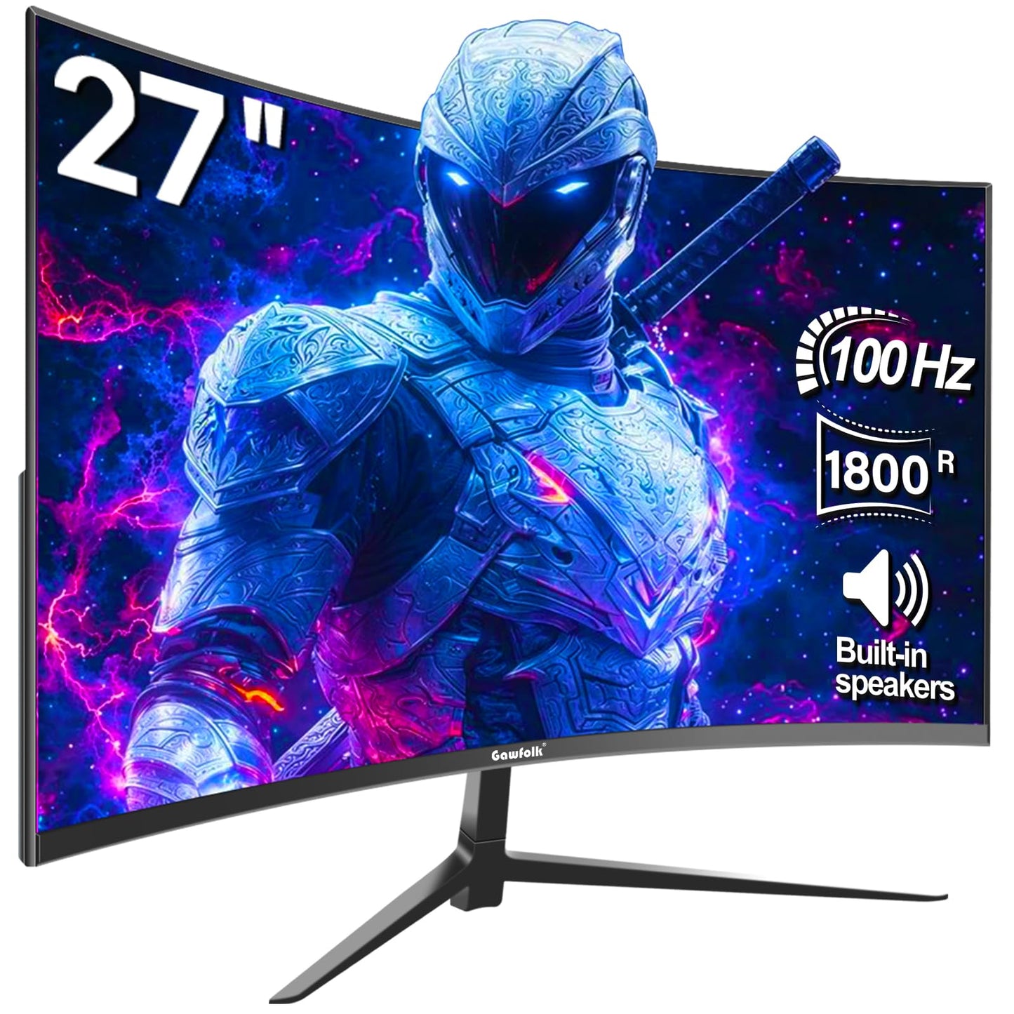 Gawfolk 27-inch curved monitor with 100Hz refresh rate, built-in speakers, 1080P resolution, 1800R curvature, 75Hz computer screen with Eye Care technology. Features HDMI and DP ports, VESA compatible.