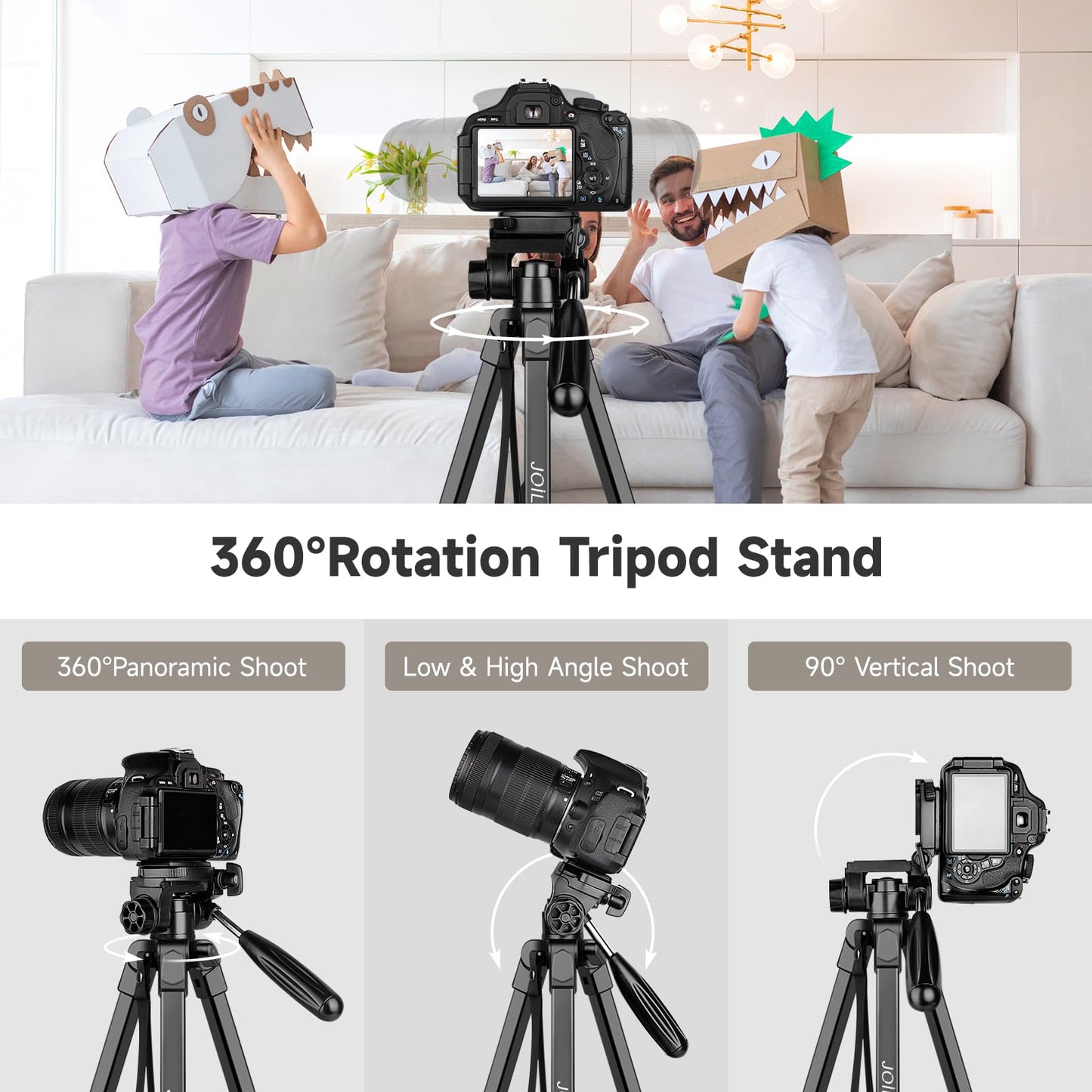 JOILCAN Camera Tripod, 173cm lightweight phone tripod for Smartphone/iPhone/iPad with detachable head, portable aluminum travel tripod with remote control and phone & tablet holder, load capacity 3.6KG