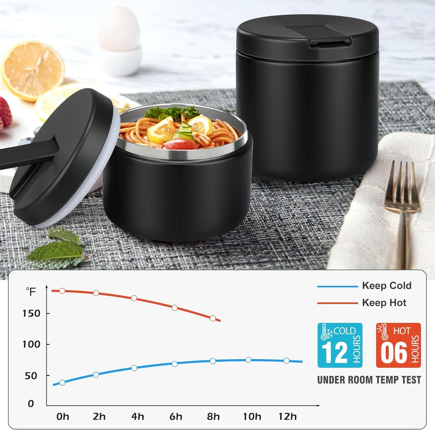 Itslife 560ml stainless steel insulated food jar with buckle cover, wide mouth design, suitable for cold & hot food, leak-proof lunch container for kids, in black.